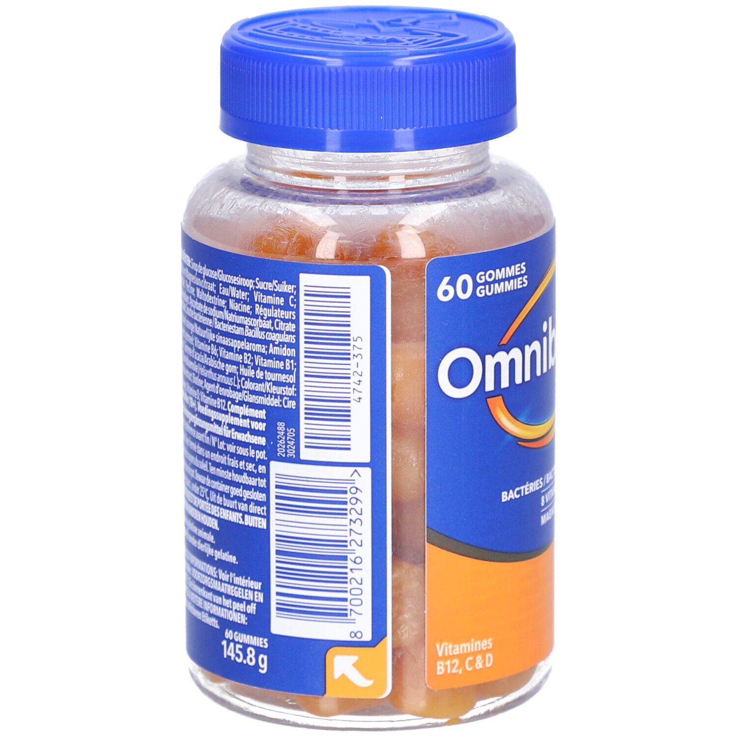 Rückseite der Omnibionta3 Energy Gummies Flasche. Zutatenliste, Barcode und Nährwertangaben.
