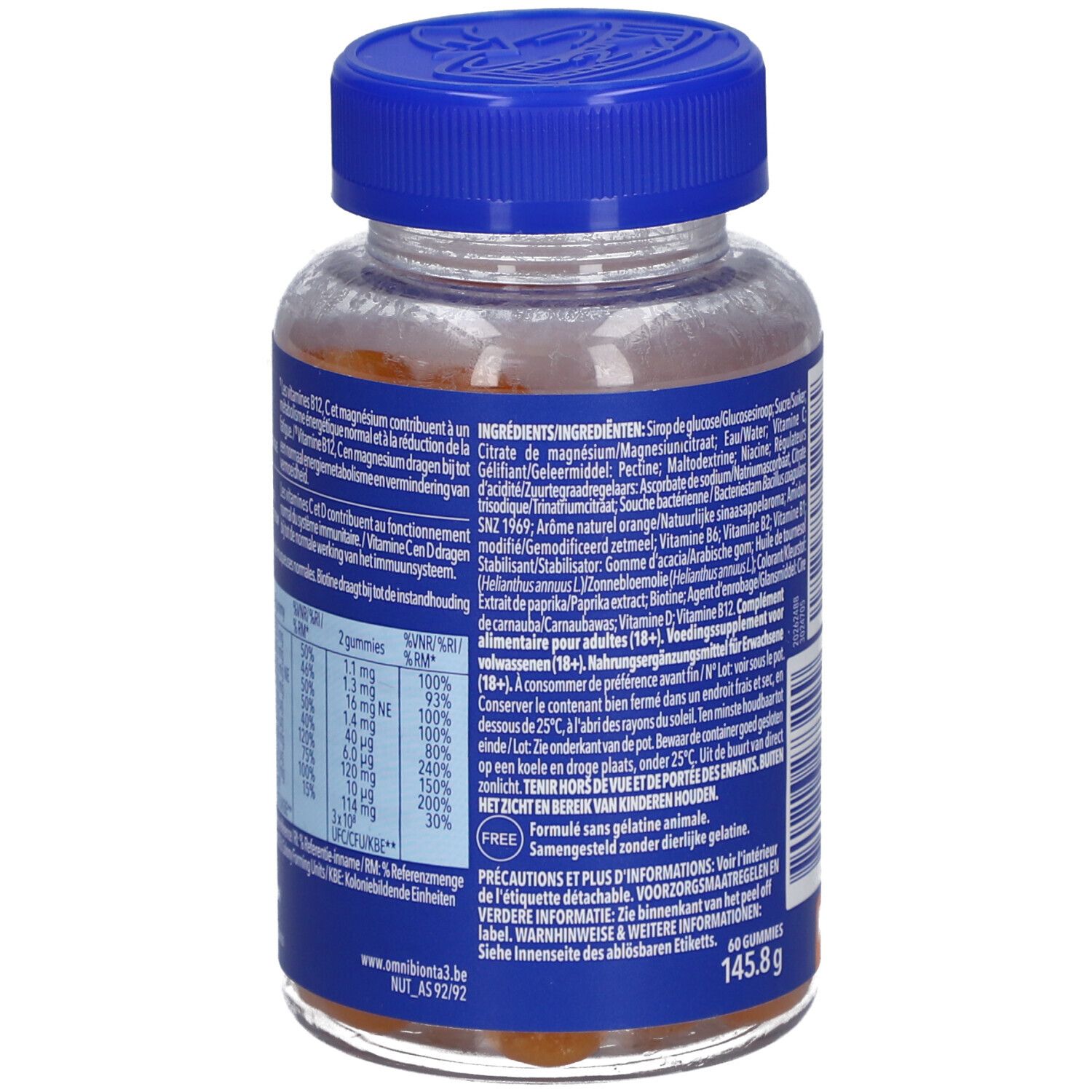 Rückseite der Omnibionta3 Energy Gummies Flasche. Zutatenliste und Nährwertangaben.