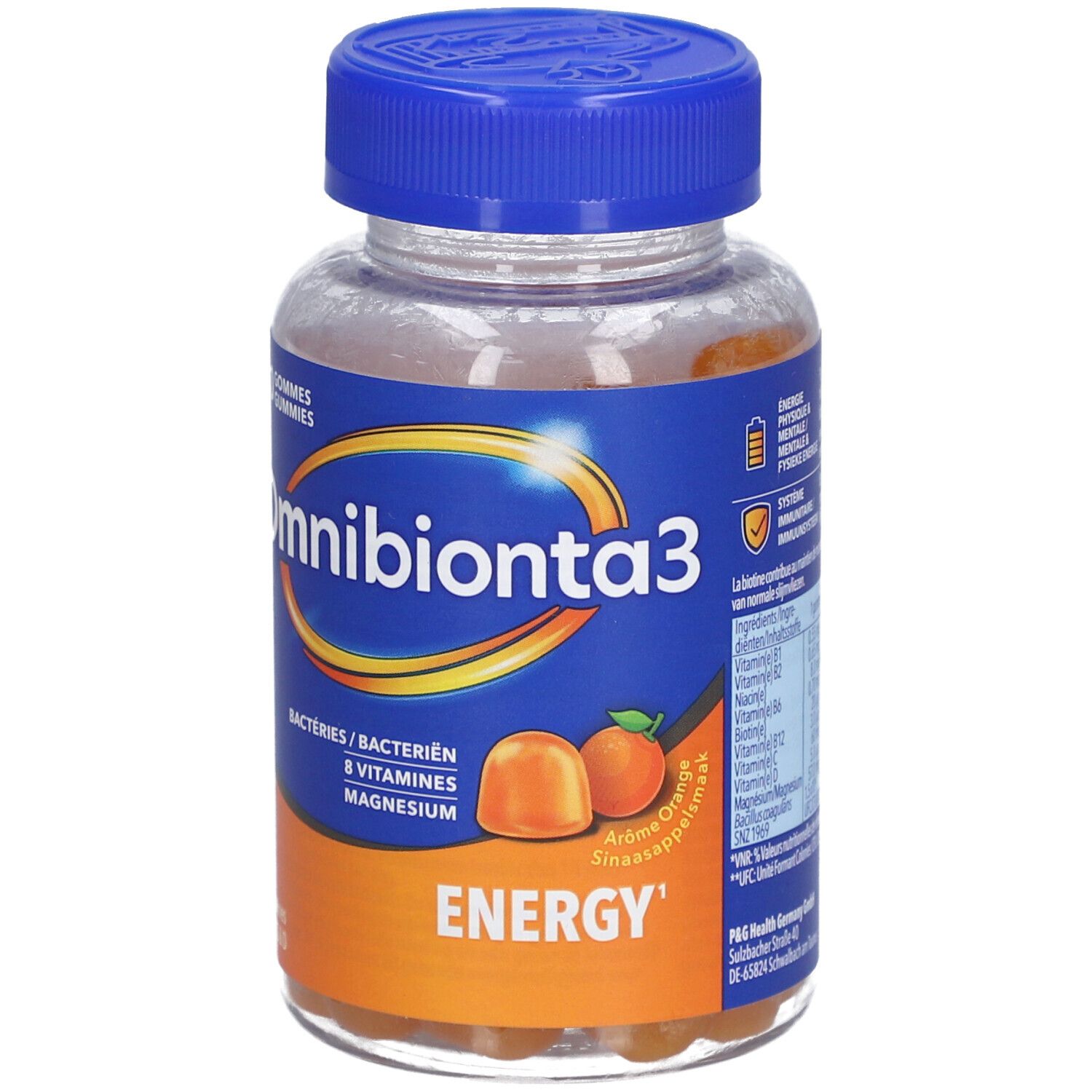 Omnibionta3 Energy Gummies. Flasche mit 60 Gummies. Blaue Kappe, orangefarbene Gummies.