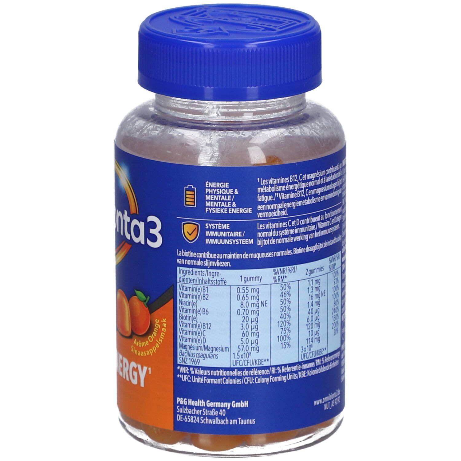 Rückseite der Omnibionta3 Energy Gummies Flasche. Nährwertangaben und Inhaltsstoffe.