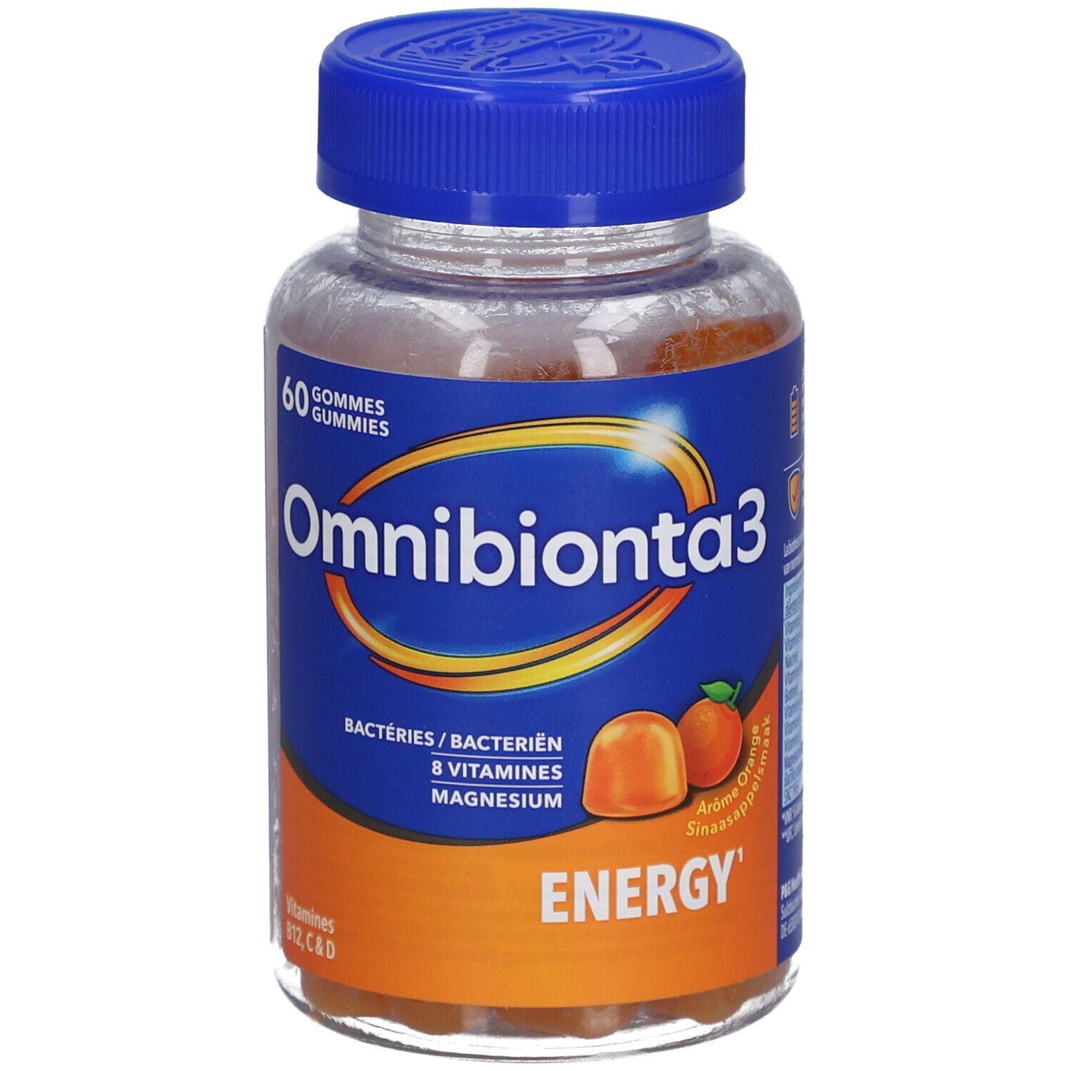 Omnibionta3 Energy Gummies. Flasche mit 60 Gummies. Blaue Kappe, orangefarbene Gummies.