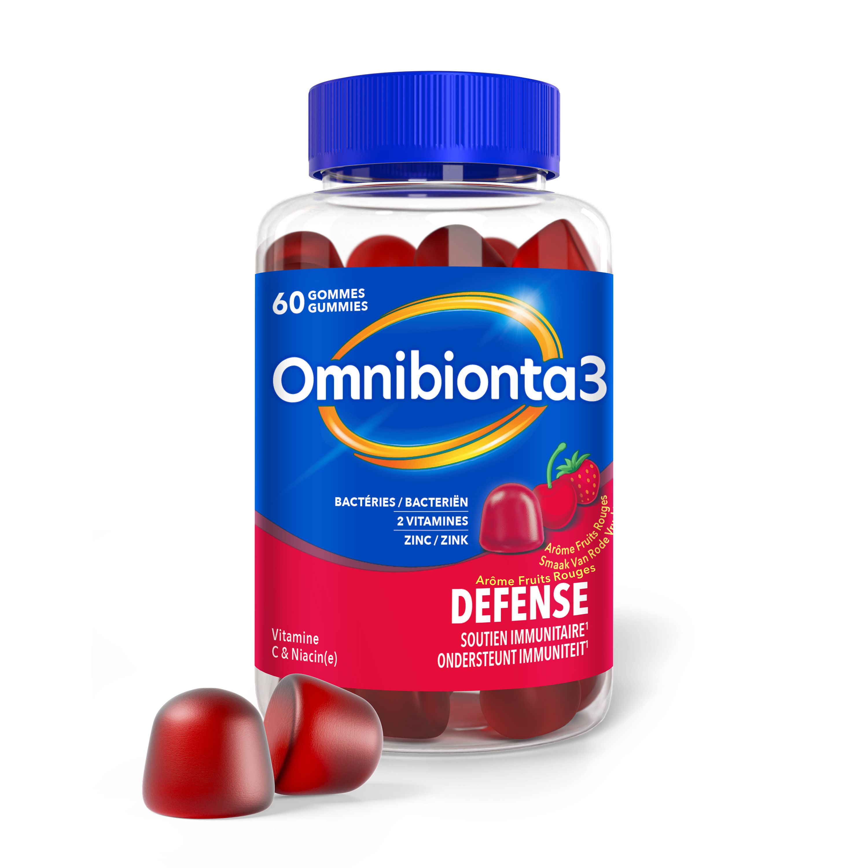 Omnibionta3 Gummies. Rode gummies, aardbei en kers. Blauwe achtergrond.