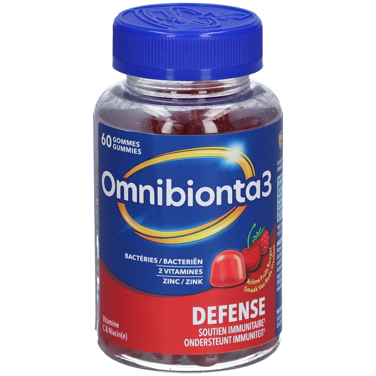 Flacon de gummies Omnibionta3. 60 gommes. Bouchon bleu, étiquette rouge avec informations produit.