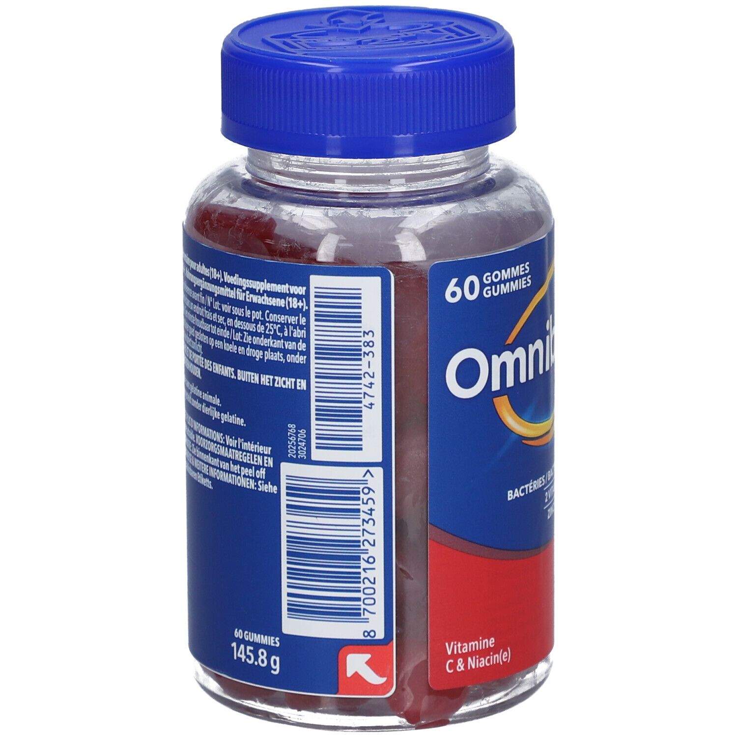 Dos du flacon de gummies Omnibionta3. Informations et code-barres.