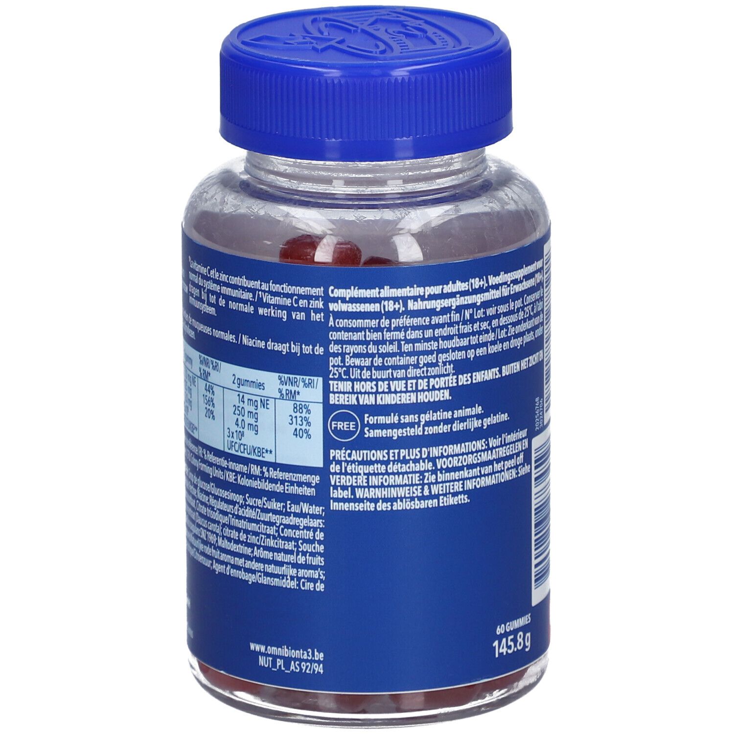 Dos du flacon de gummies Omnibionta3. Informations et valeurs nutritionnelles.