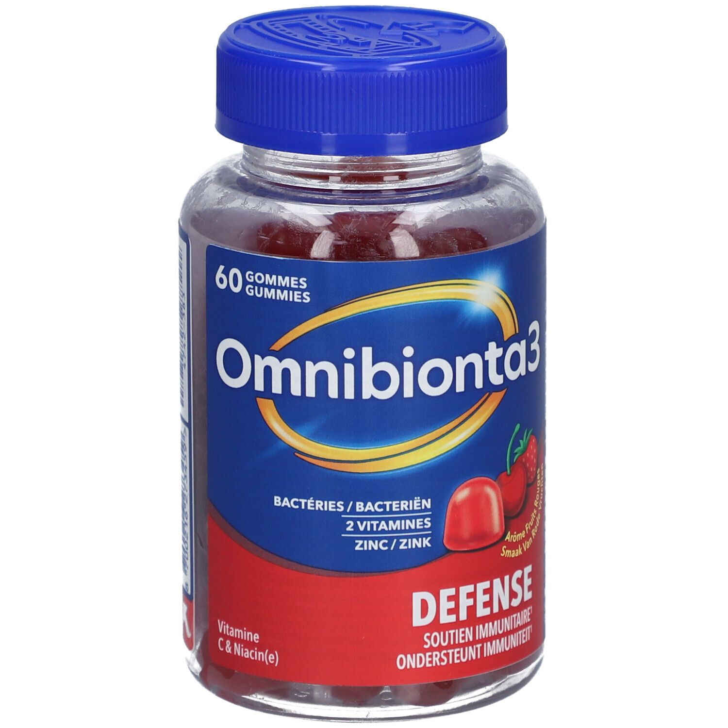 Flacon de gummies Omnibionta3. 60 gommes. Étiquette rouge avec informations.