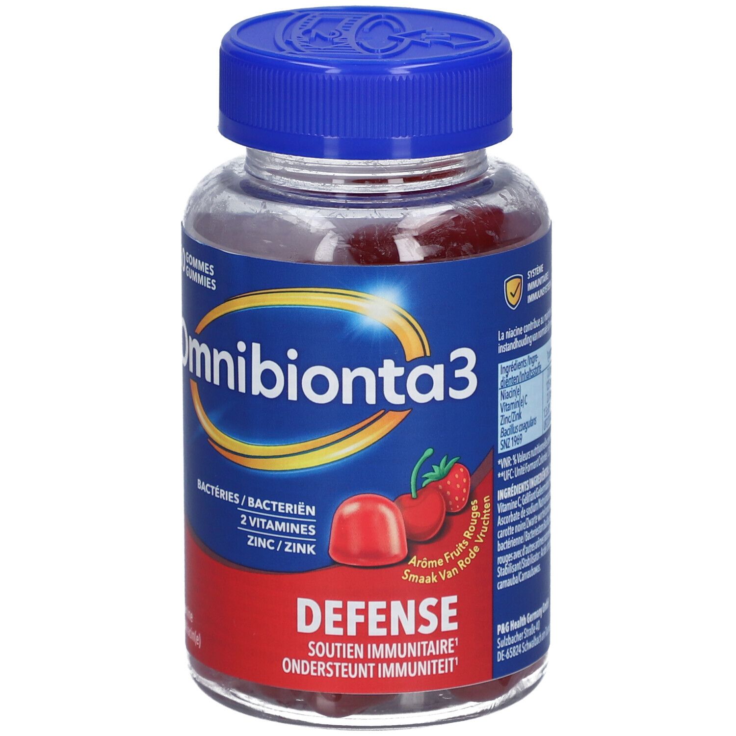 Flacon de gummies Omnibionta3. 60 gommes. Étiquette rouge avec informations.