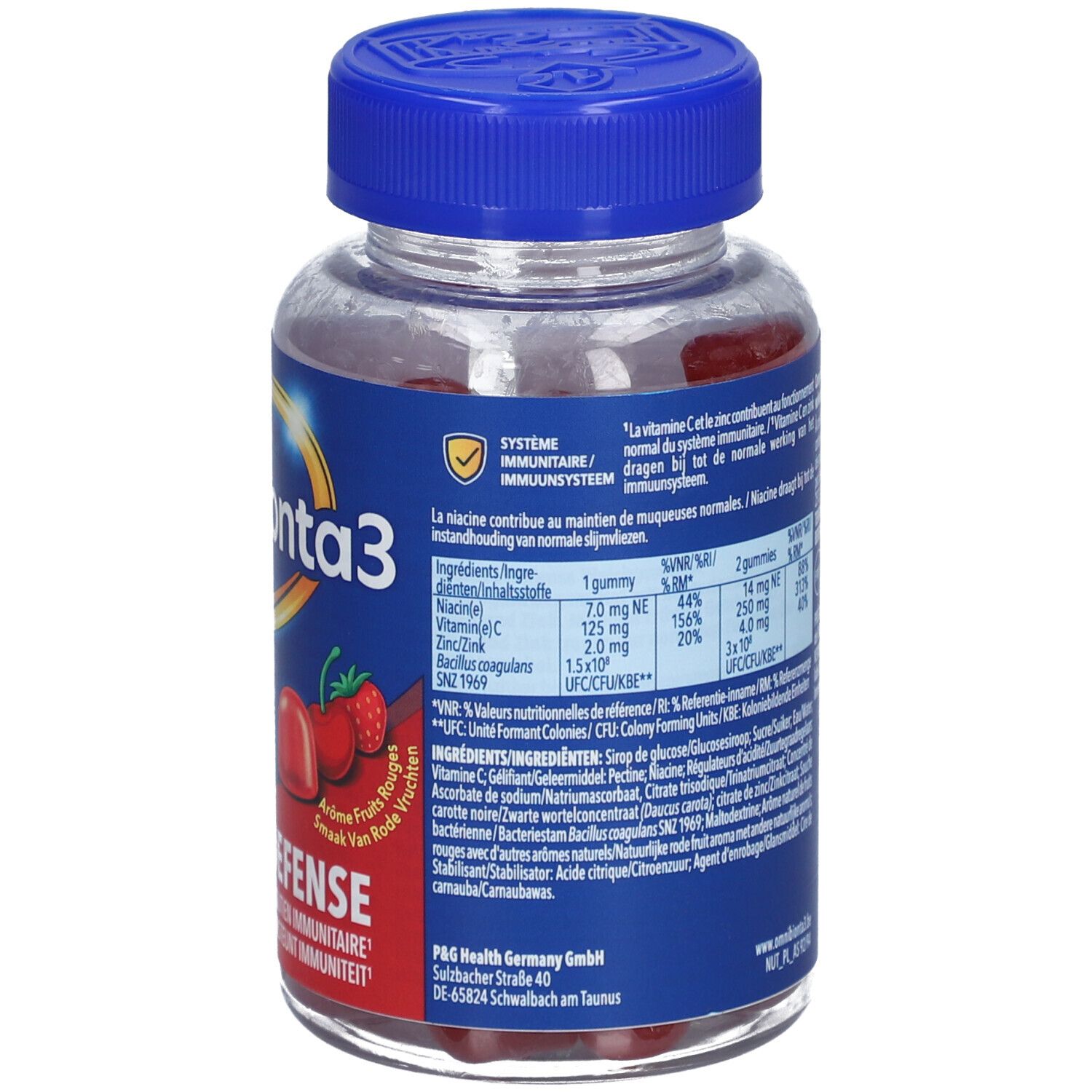 Dos du flacon de gummies Omnibionta3. Valeurs nutritionnelles et ingrédients.