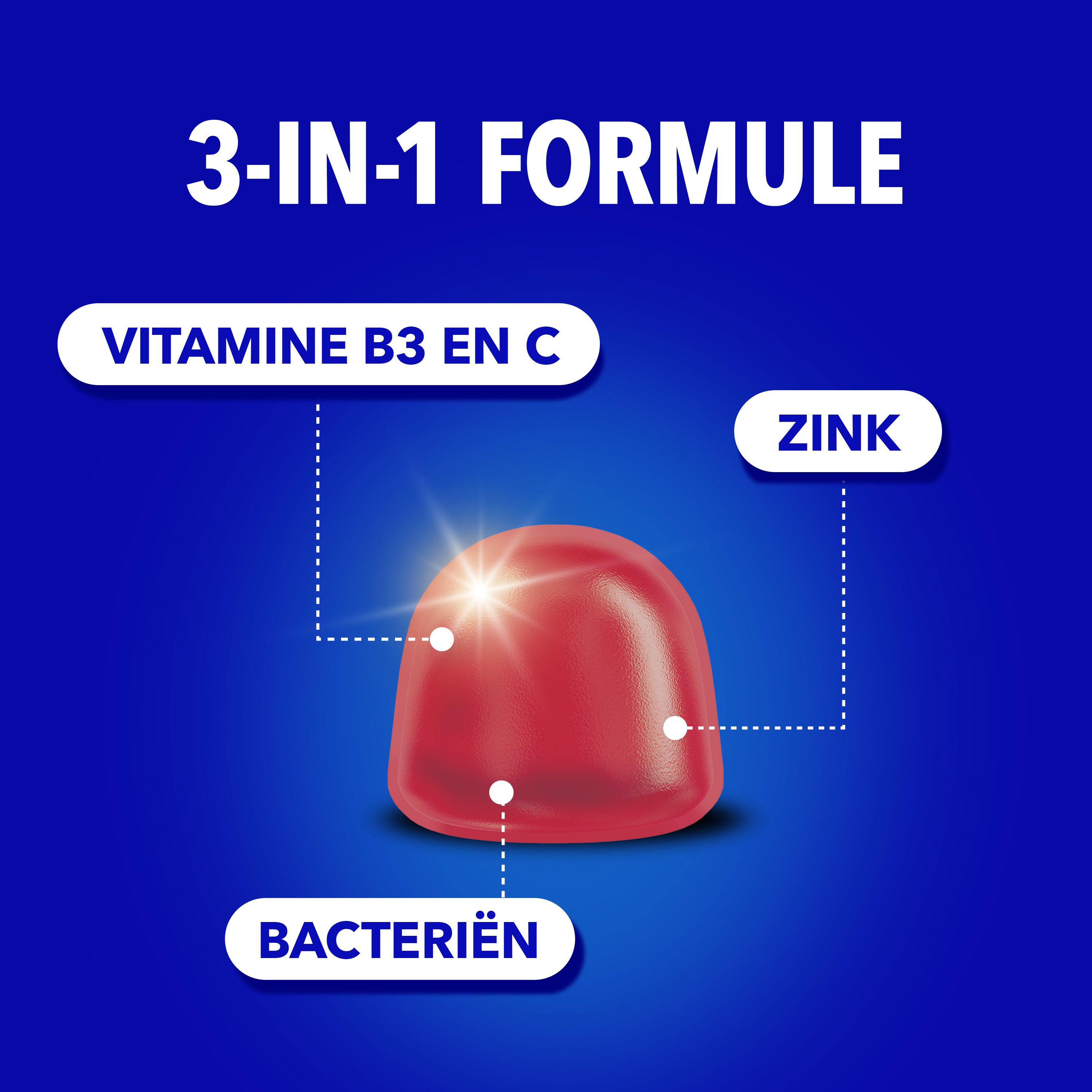 Omnibionta3 Gummies. Rode gummies, aardbei en kers. Blauwe achtergrond.