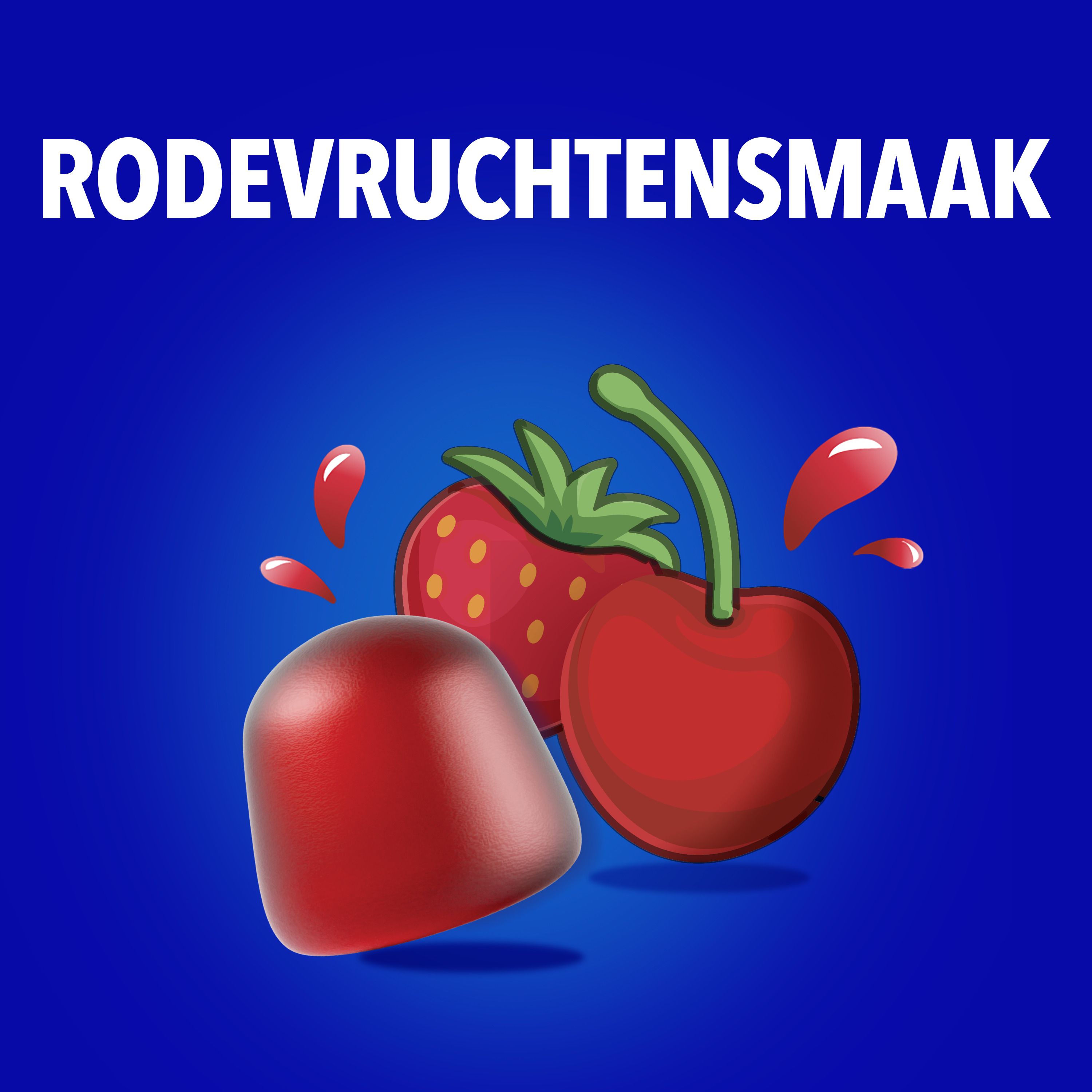 Omnibionta3 Gummies. Aardbei, kers en rode gummies. Blauwe achtergrond.