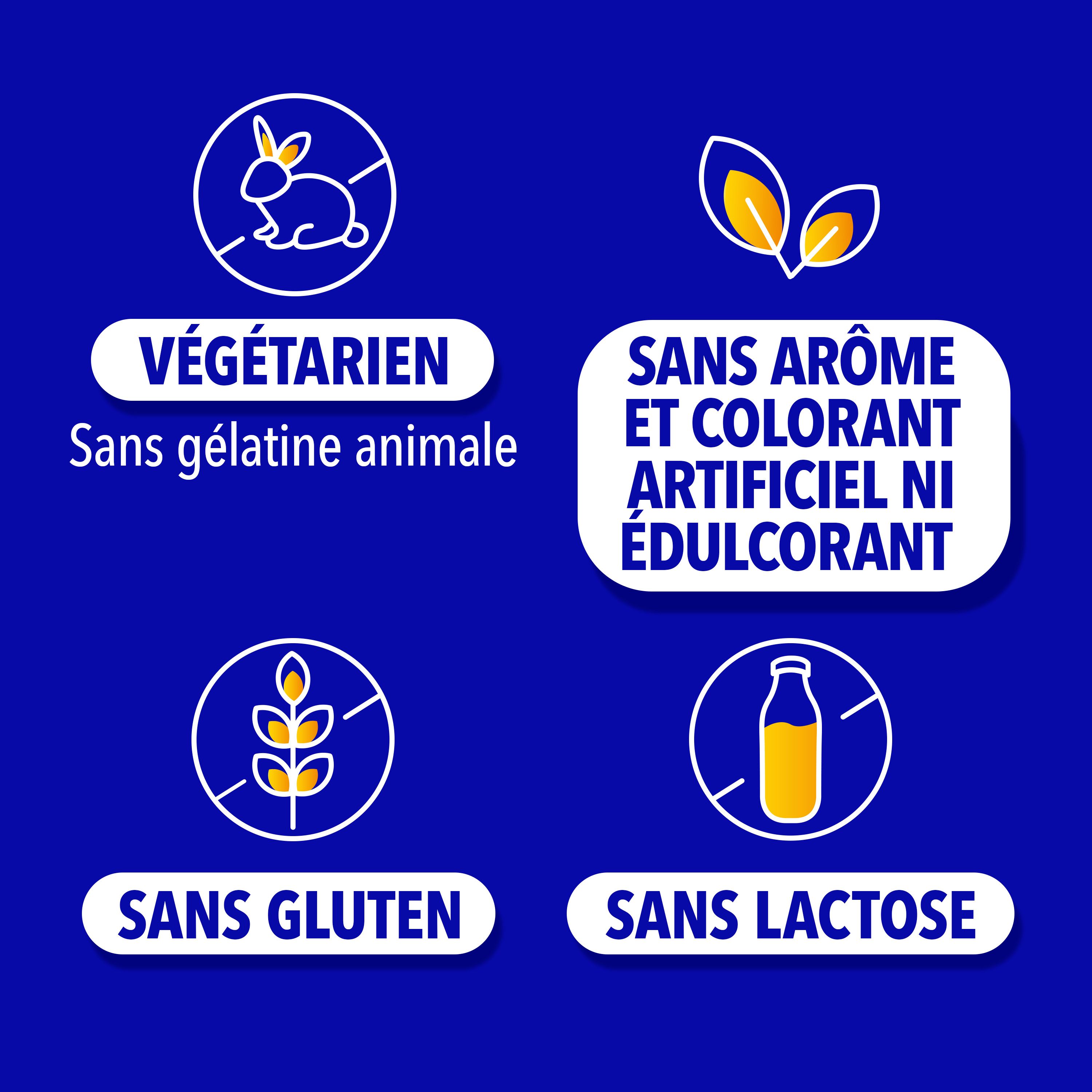 Gommes Omnibionta3. Gommes rouges, formule 3-en-1. Fond bleu.