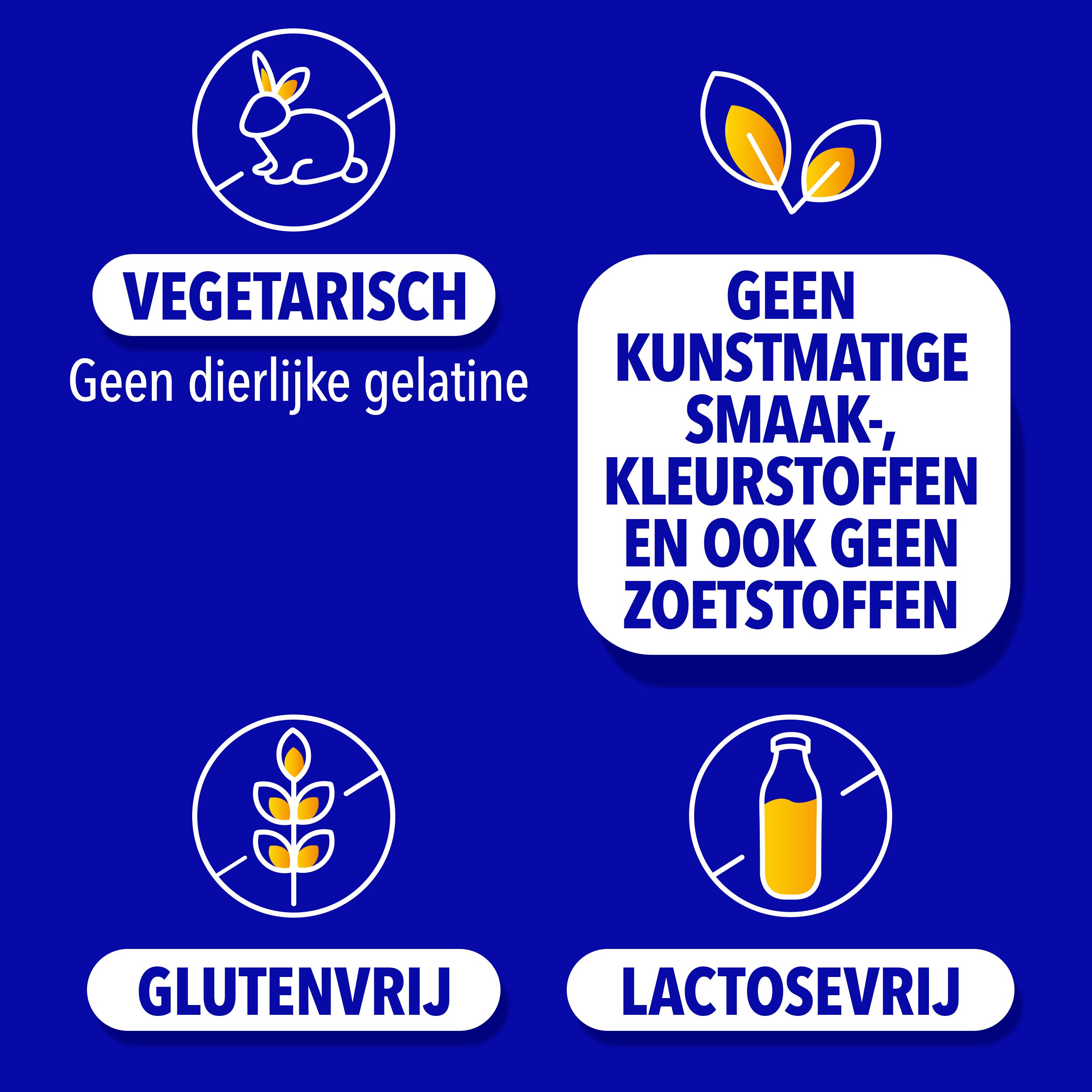 Symbolen: Vegetarisch, zonder kunstmatige aroma's, glutenvrij, lactosevrij. Blauw.