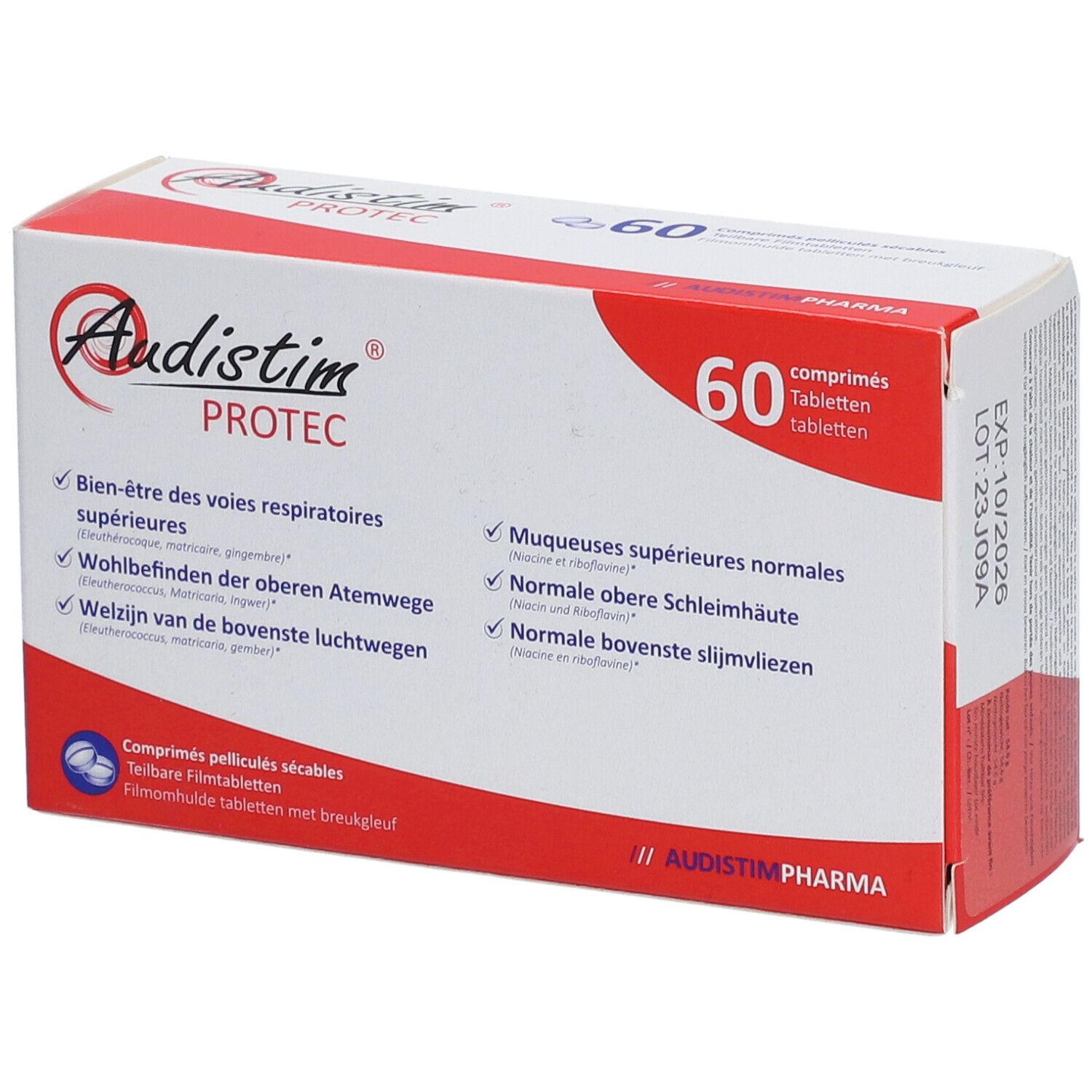 Boîte Audistim Protec, 60 comprimés. Inscription: Bien-être des voies respiratoires supérieures. Comprimés pelliculés sécables.