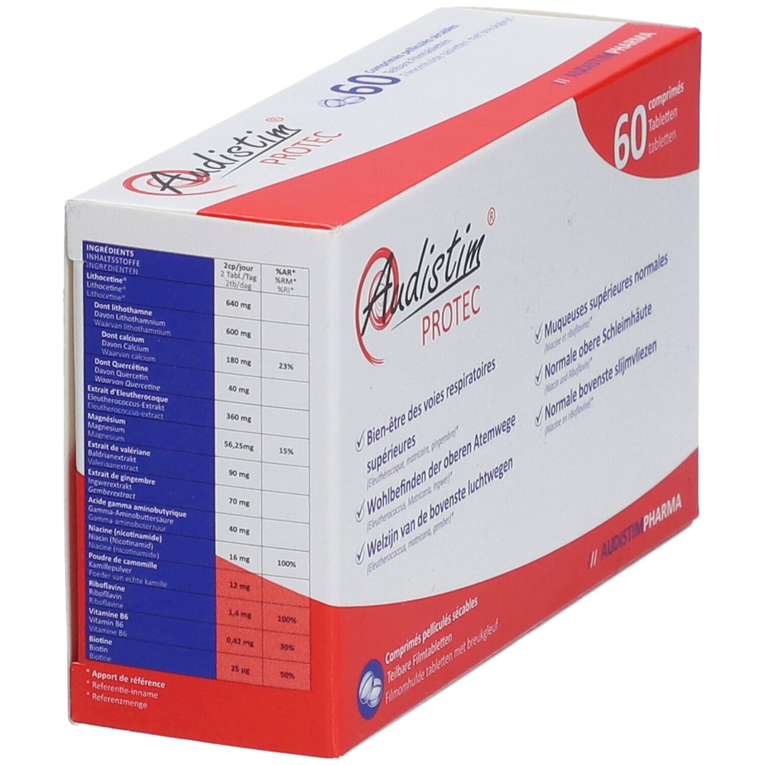 Boîte Audistim Protec. Liste des ingrédients et dosage. Inscription: Bien-être des voies respiratoires supérieures. 60 comprimés.