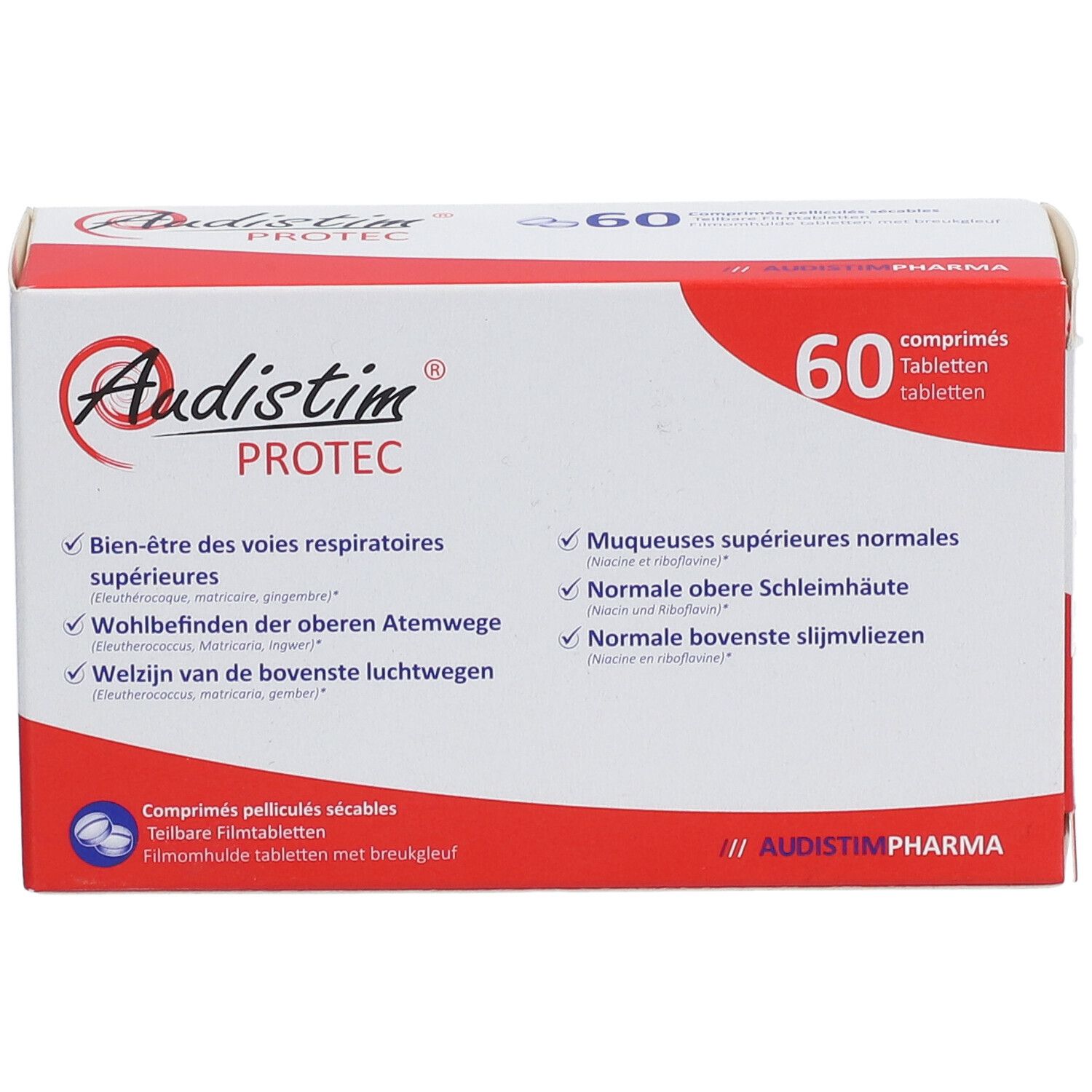 Boîte Audistim Protec, 60 comprimés. Inscription: Bien-être des voies respiratoires supérieures. Comprimés pelliculés sécables.