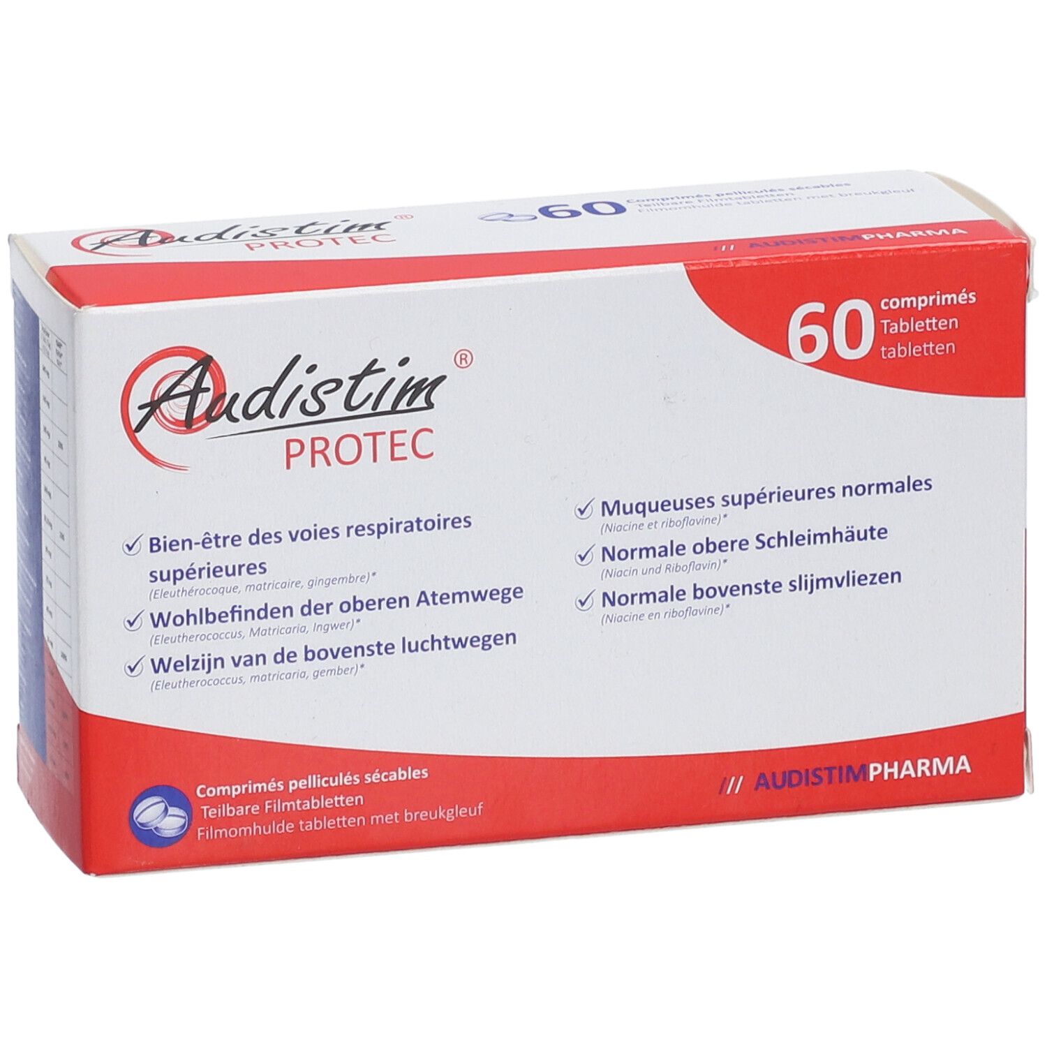 Boîte Audistim Protec, 60 comprimés. Inscription: Bien-être des voies respiratoires supérieures. Comprimés pelliculés sécables.