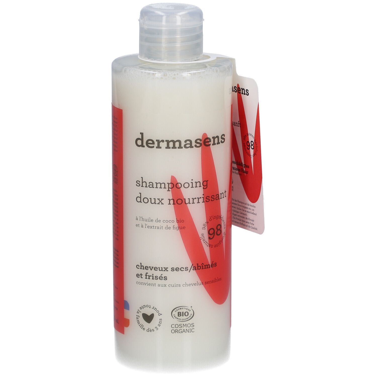 Eine Shampoo-Flasche mit weißem Inhalt und roter Etikettierung. Text: dermasens, Shampooing doux nourrissant, cheveux secs/abîmés et frisés.