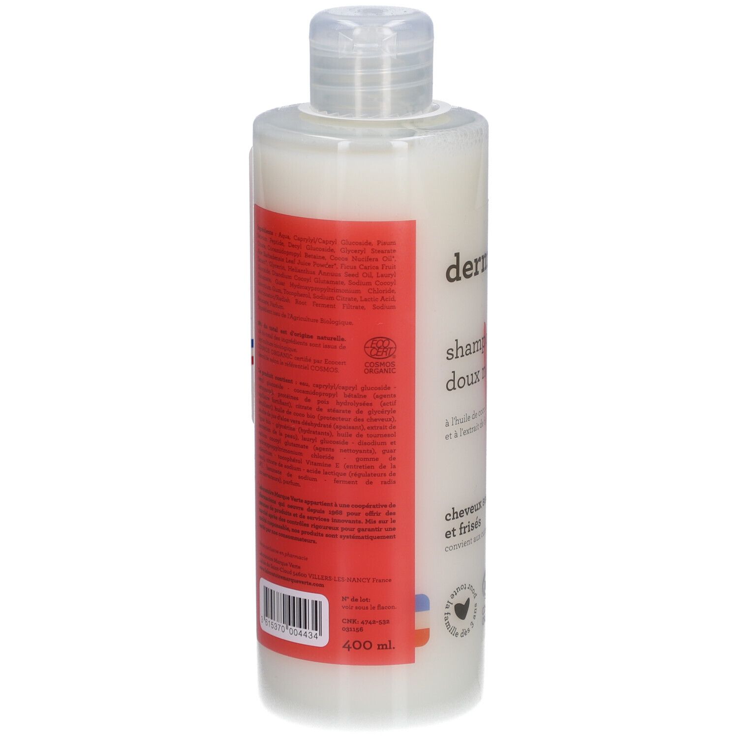 Rückseite einer Shampoo-Flasche mit rotem Etikett. Text: dermasens, Inhaltsstoffe, 400 ml, COSMOS ORGANIC.
