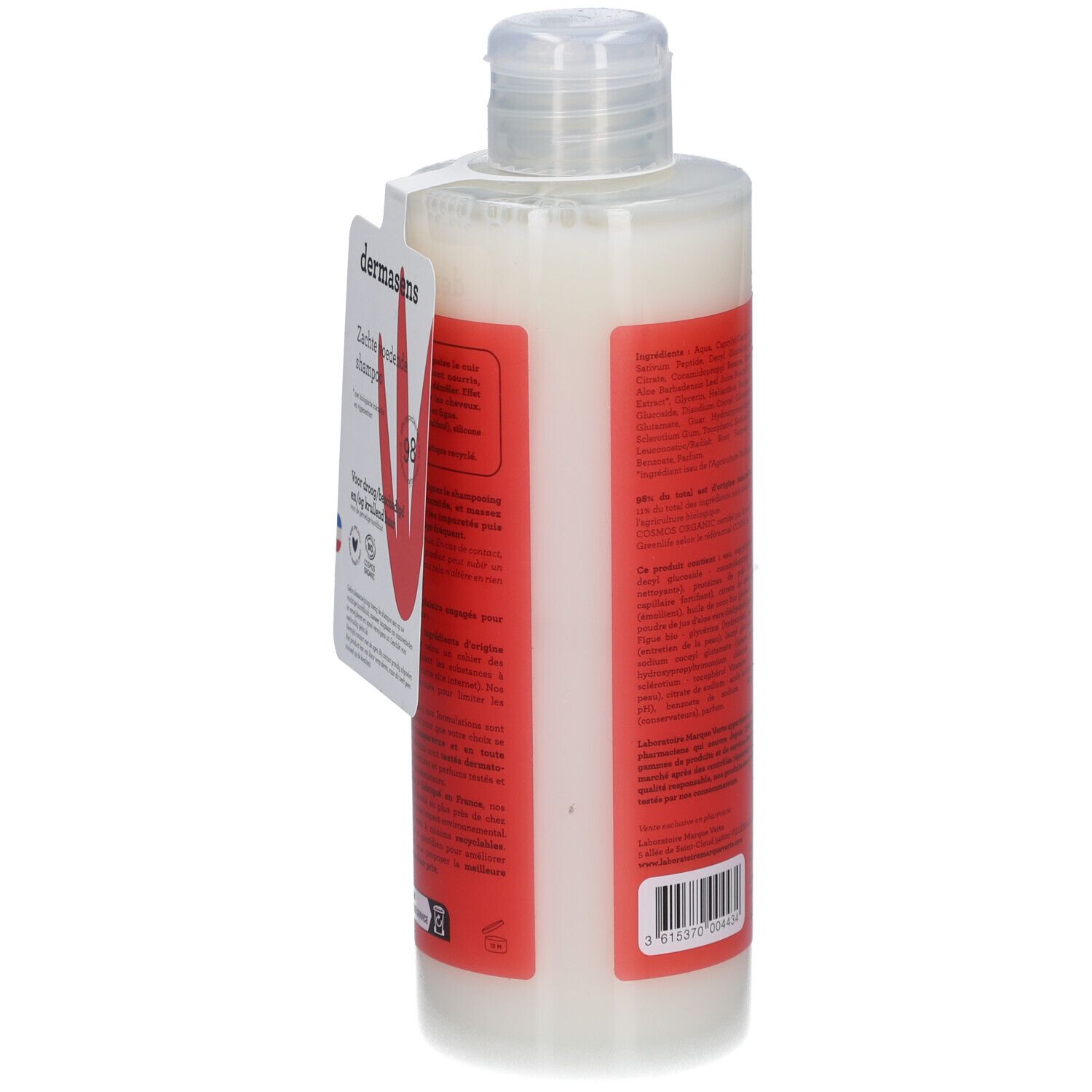 Rückseite einer Shampoo-Flasche mit rotem Etikett und Anhänger. Text: dermasens, Inhaltsstoffe, COSMOS ORGANIC.