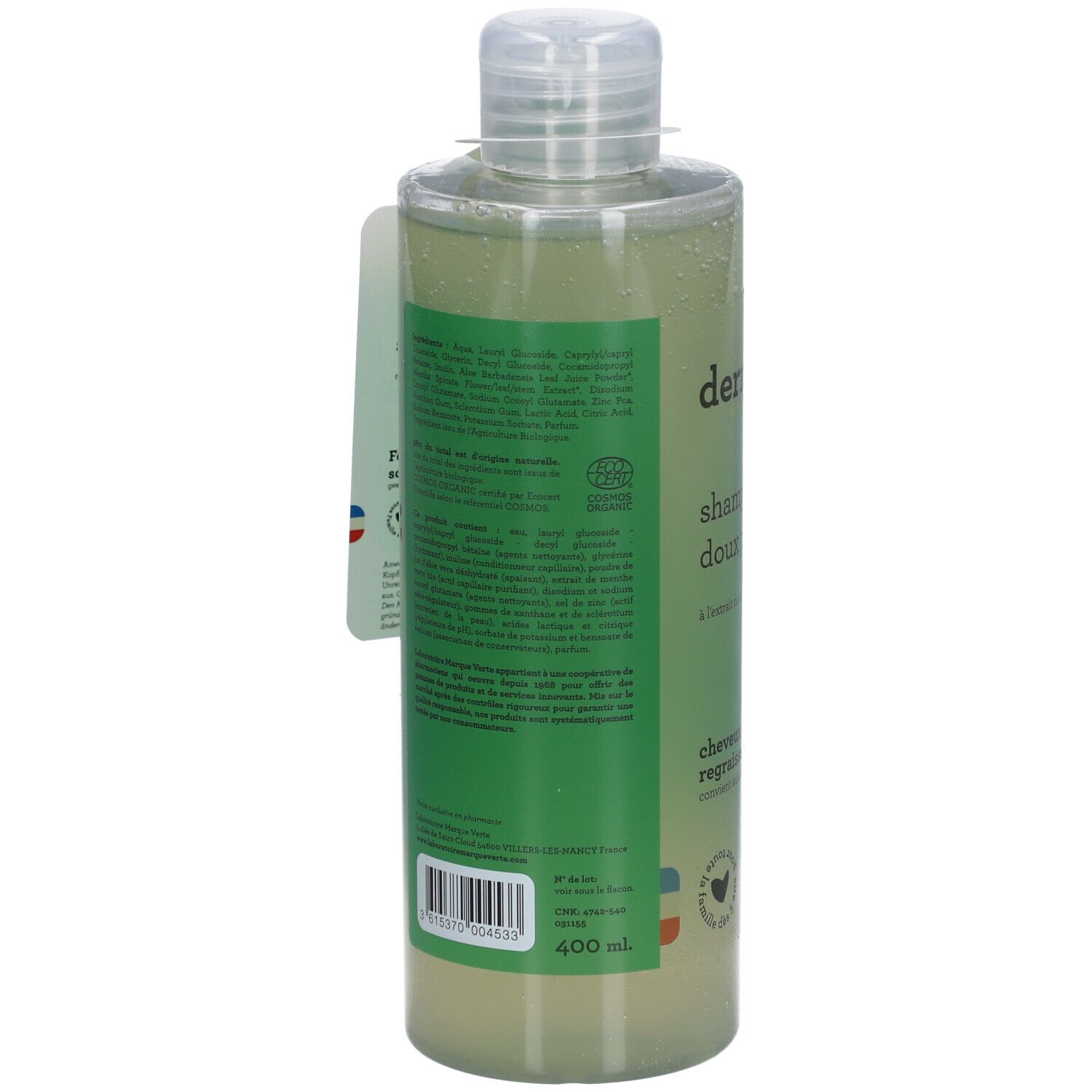 Rückseite Dermasens Shampoo: Inhaltsangaben und Zertifizierungen auf grünem Etikett. Flaschengröße 400 ml.