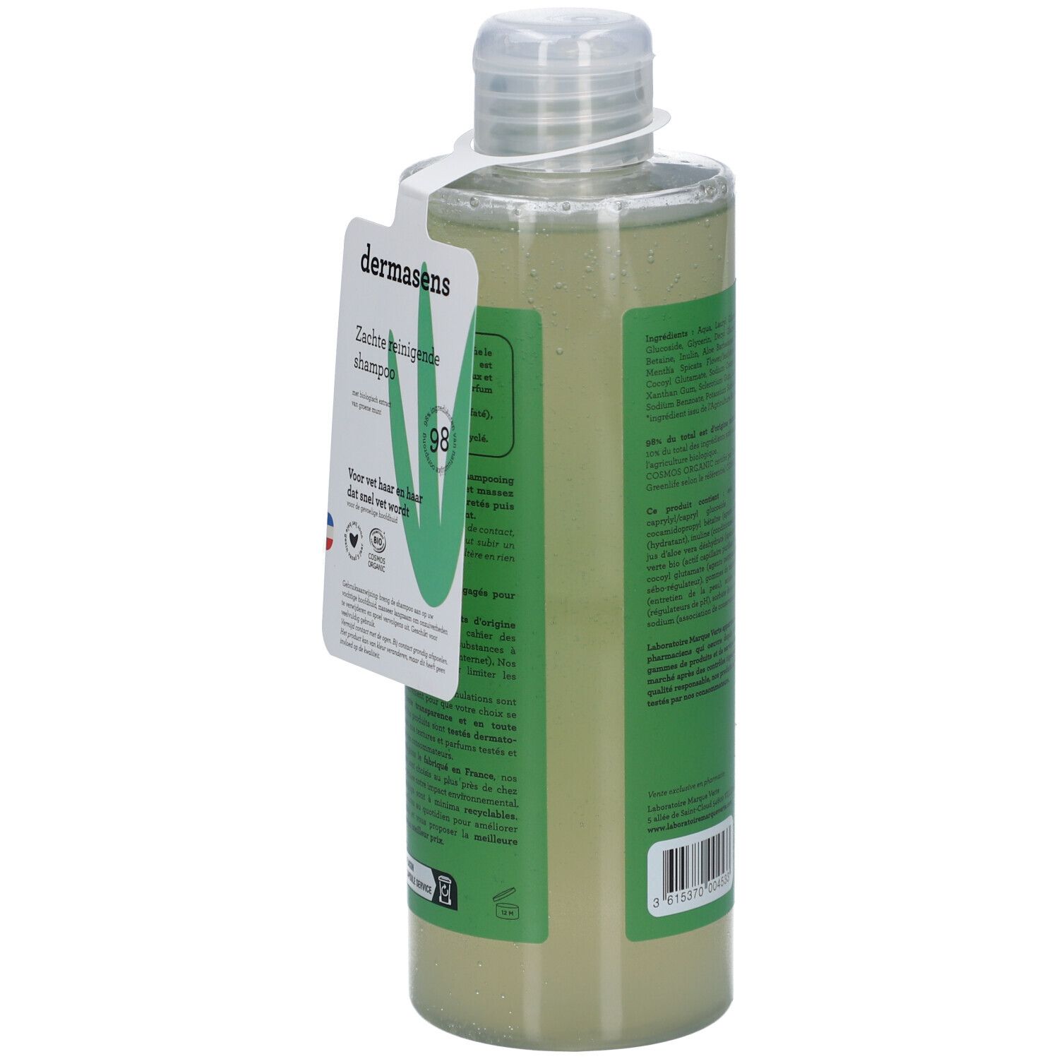 Dermasens Shampoo mit Anhänger: Informationen auf Deutsch und Französisch. Flasche mit klappbarem Verschluss.