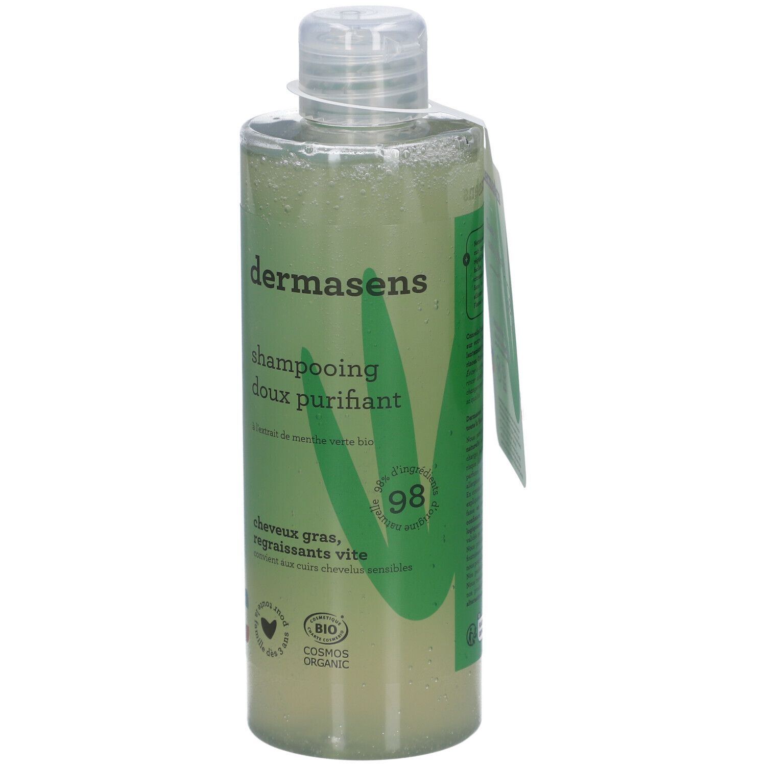 Dermasens Shampoo: Sanftes, reinigendes Shampoo für schnell fettendes Haar. Flasche mit grünem Etikett und Aloe Vera.