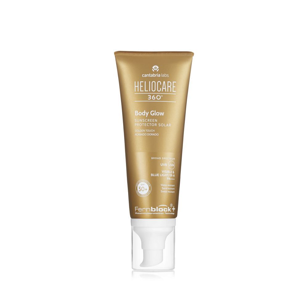 Goldfarbene Tube mit weißem Pumpkopf. Aufschrift: Heliocare 360° Body Glow SPF50+. Logo und Produktinformationen.