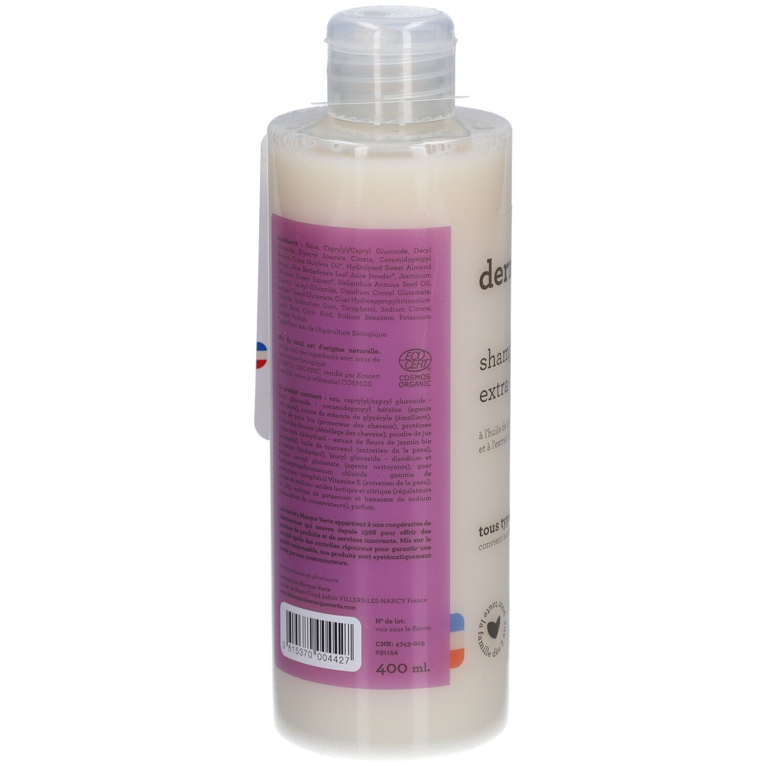Shampooing Extra Doux Flasche. Rückseite mit Inhaltsstoffen und Informationen. 400 ml. Cosmos Organic-Zertifizierung.
