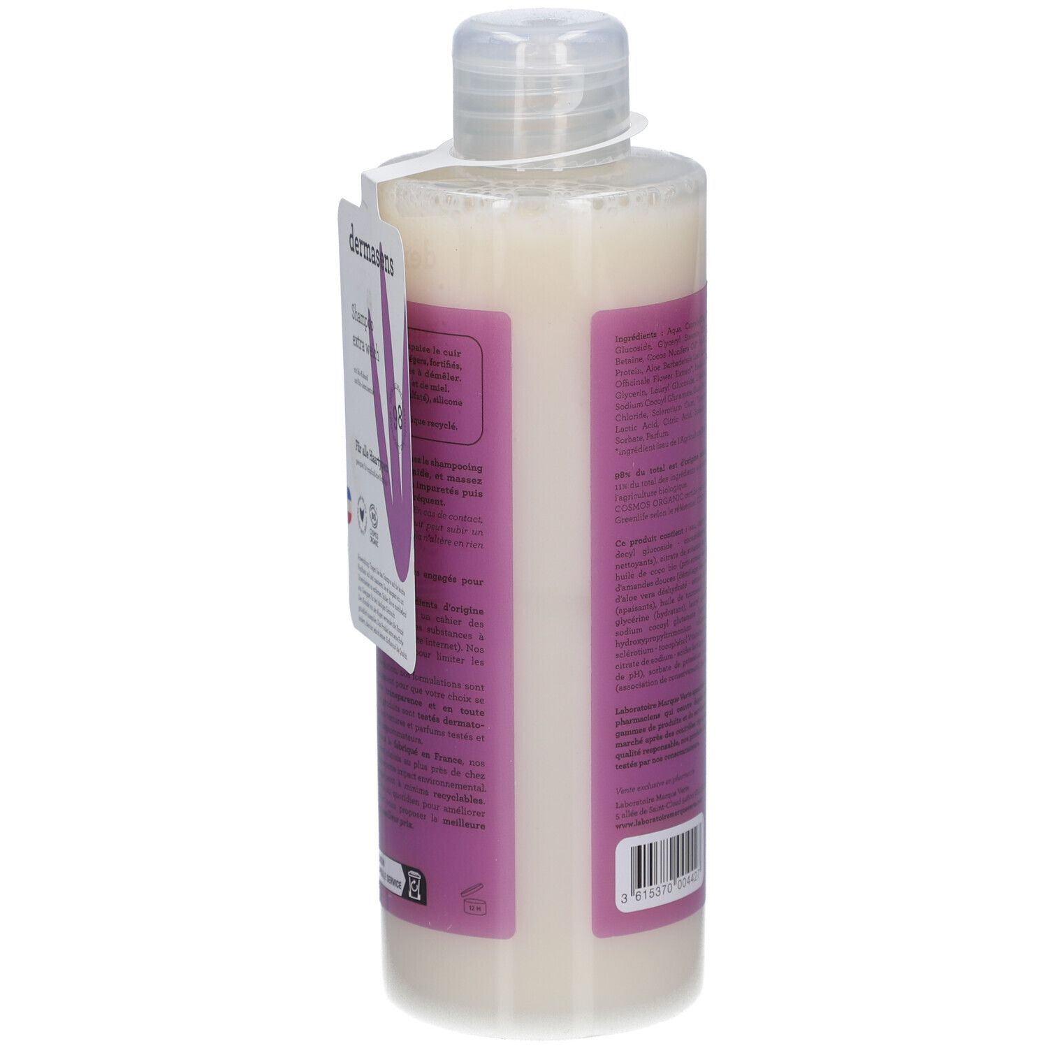 Shampooing Extra Doux Flasche. Rückansicht mit Inhaltsstoffen und Informationen. Cosmos Organic-Zertifizierung.