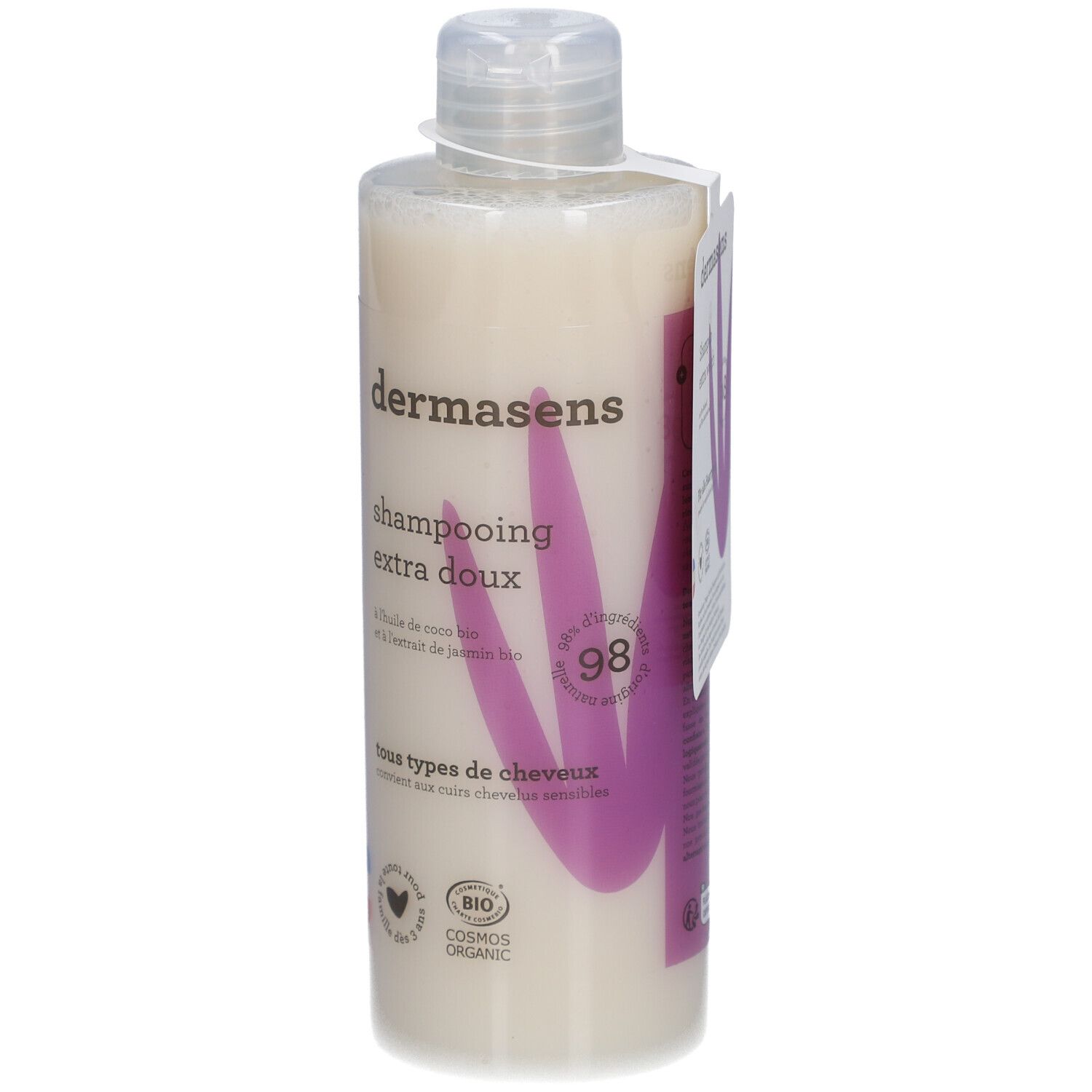 Shampooing Extra Doux Flasche. Mit Bio-Kokosöl und Jasmin-Extrakt. Für alle Haartypen. Cosmos Organic-Zertifizierung.
