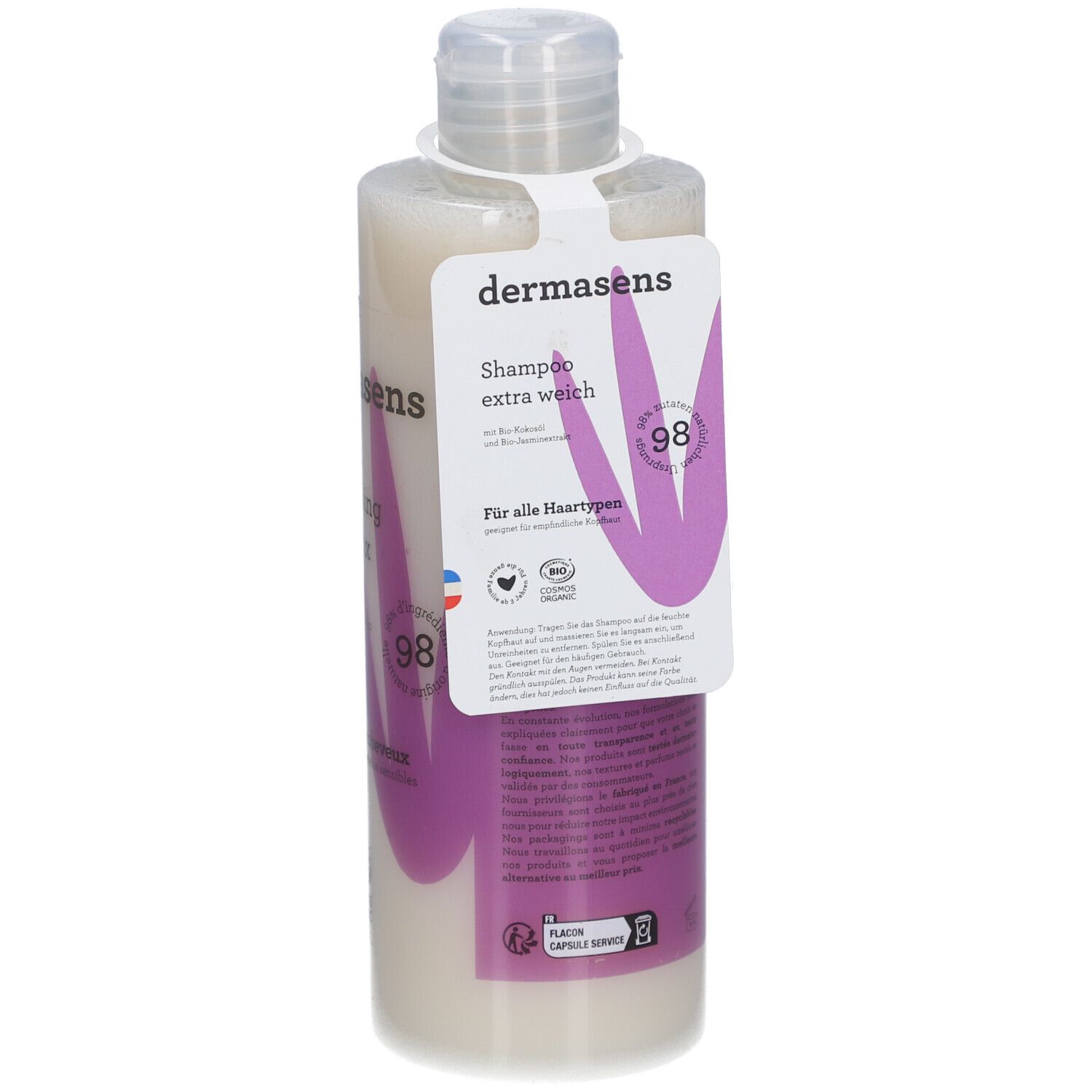 Shampoo-Flasche. Shampoo extra weich. Für alle Haartypen. Mit Zertifizierung. Produktetikett.
