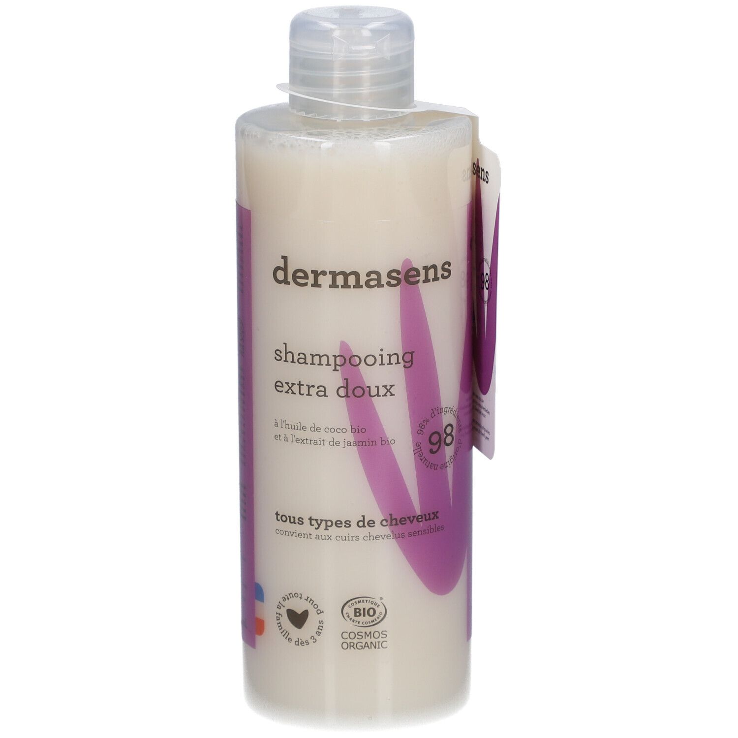 Shampooing Extra Doux Flasche. Mit Bio-Kokosöl und Jasmin-Extrakt. Für alle Haartypen. Cosmos Organic-Zertifizierung.