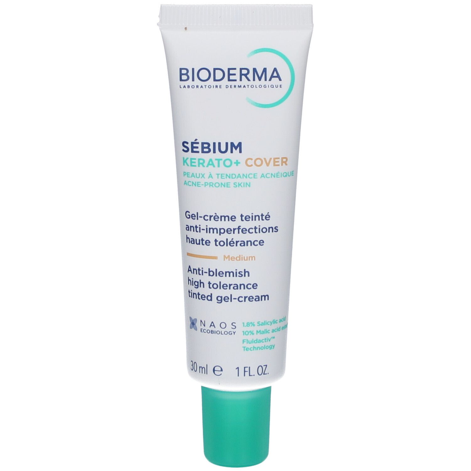 Tube Bioderma Sébium Kerato+ Cover, Medium. Gel-Crème Teinté Anti-Imperfections. 30 ml. Grüner Verschluss.