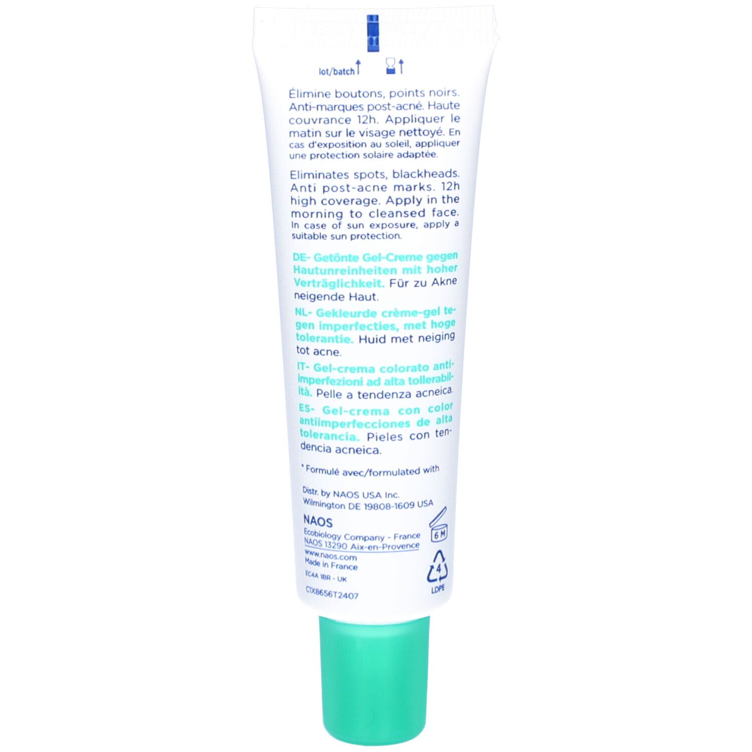Rückseite der Tube Bioderma Sébium Kerato+ Cover. Text in Deutsch, Französisch, Italienisch und Niederländisch.
