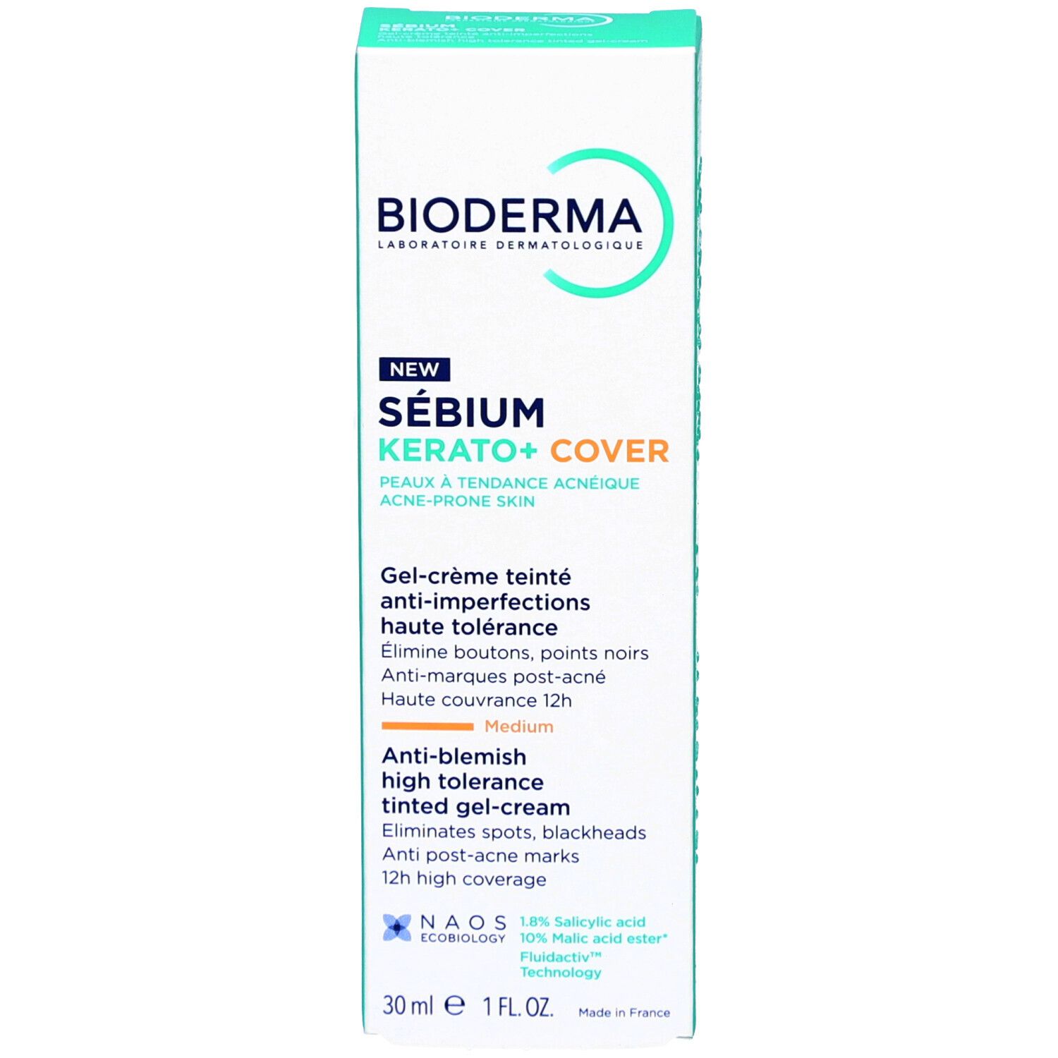 Verpackung Bioderma Sébium Kerato+ Cover, Medium. Gel-Crème Teinté Anti-Imperfections. 30 ml.