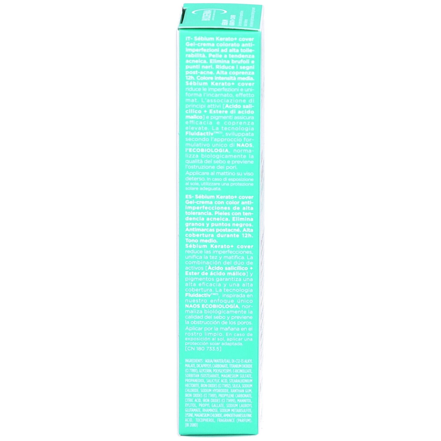 Seite der Verpackung Bioderma Sébium Kerato+ Cover. Text und Logos.