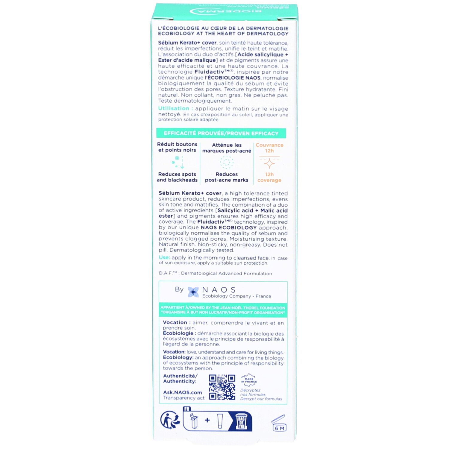 Rückseite der Verpackung Bioderma Sébium Kerato+ Cover. Text und Logos.