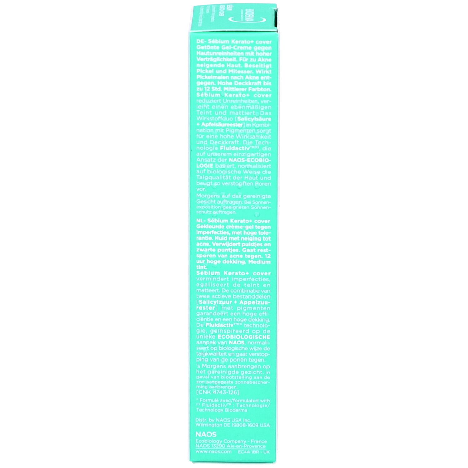 Seite der Verpackung Bioderma Sébium Kerato+ Cover. Text und Logos.