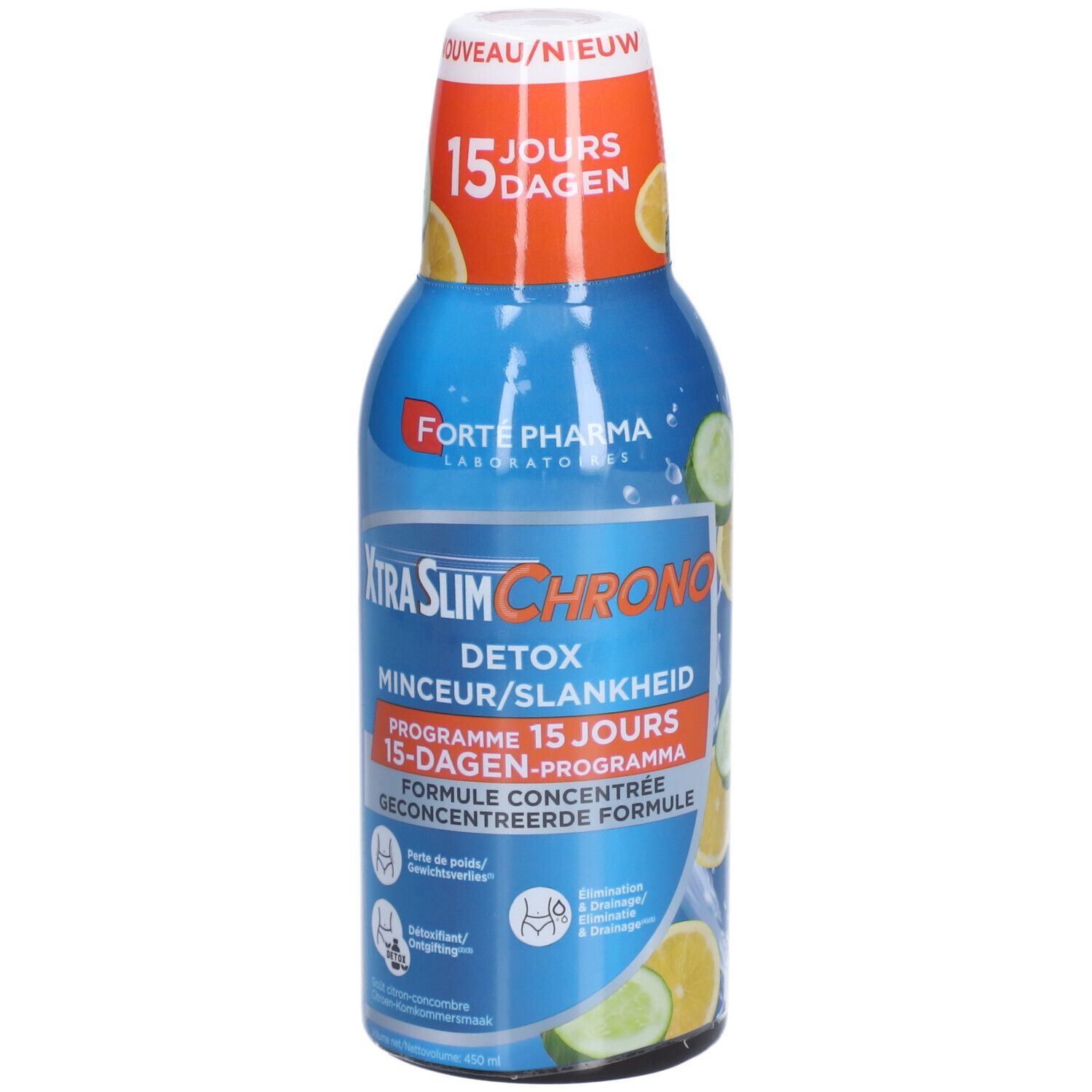 Bouteille bleue avec bouchon blanc. Inscription: XtraSlim Chrono, Detox, programme 15 jours. Illustrations de citrons et concombres.