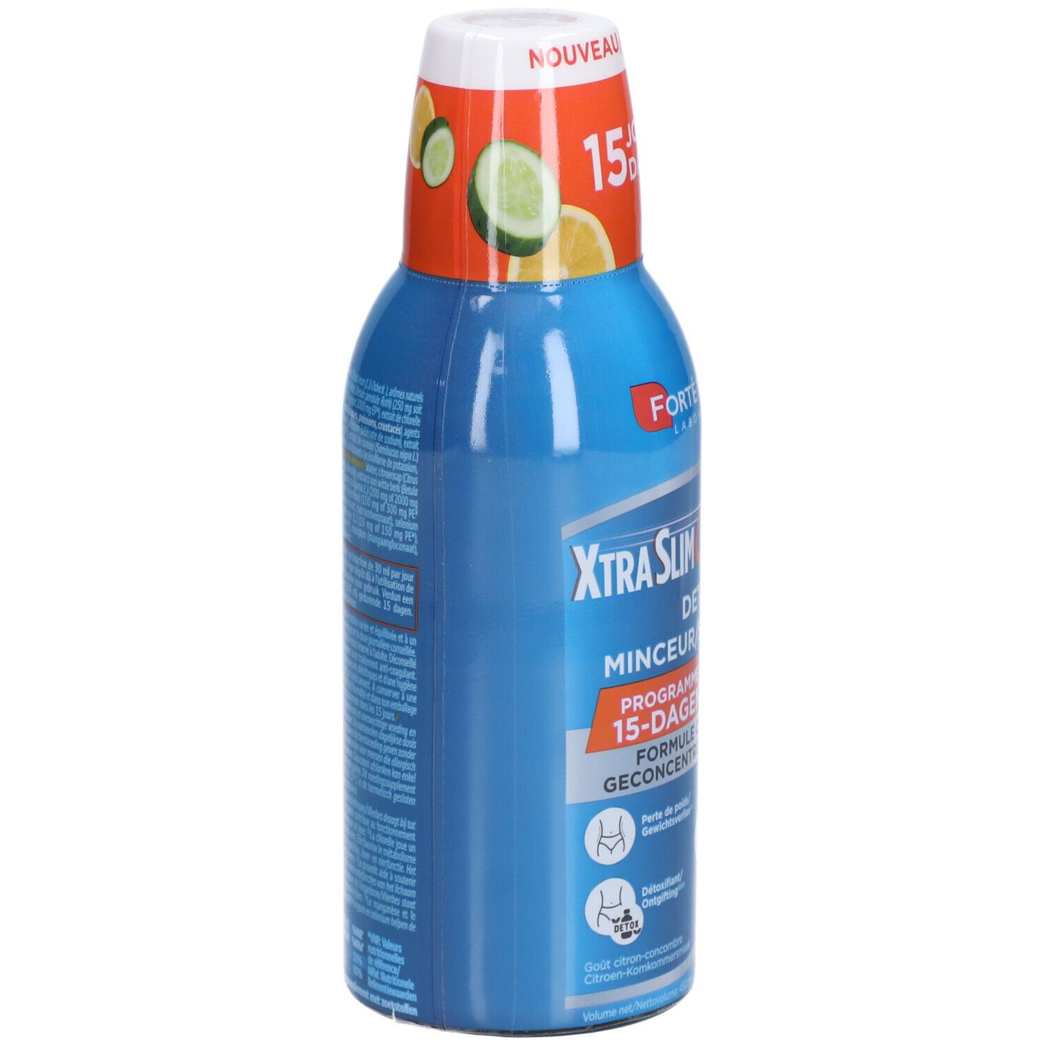 Bouteille bleue avec bouchon blanc. Inscription: XtraSlim Chrono. Dos avec texte. Illustrations de citrons et concombres.
