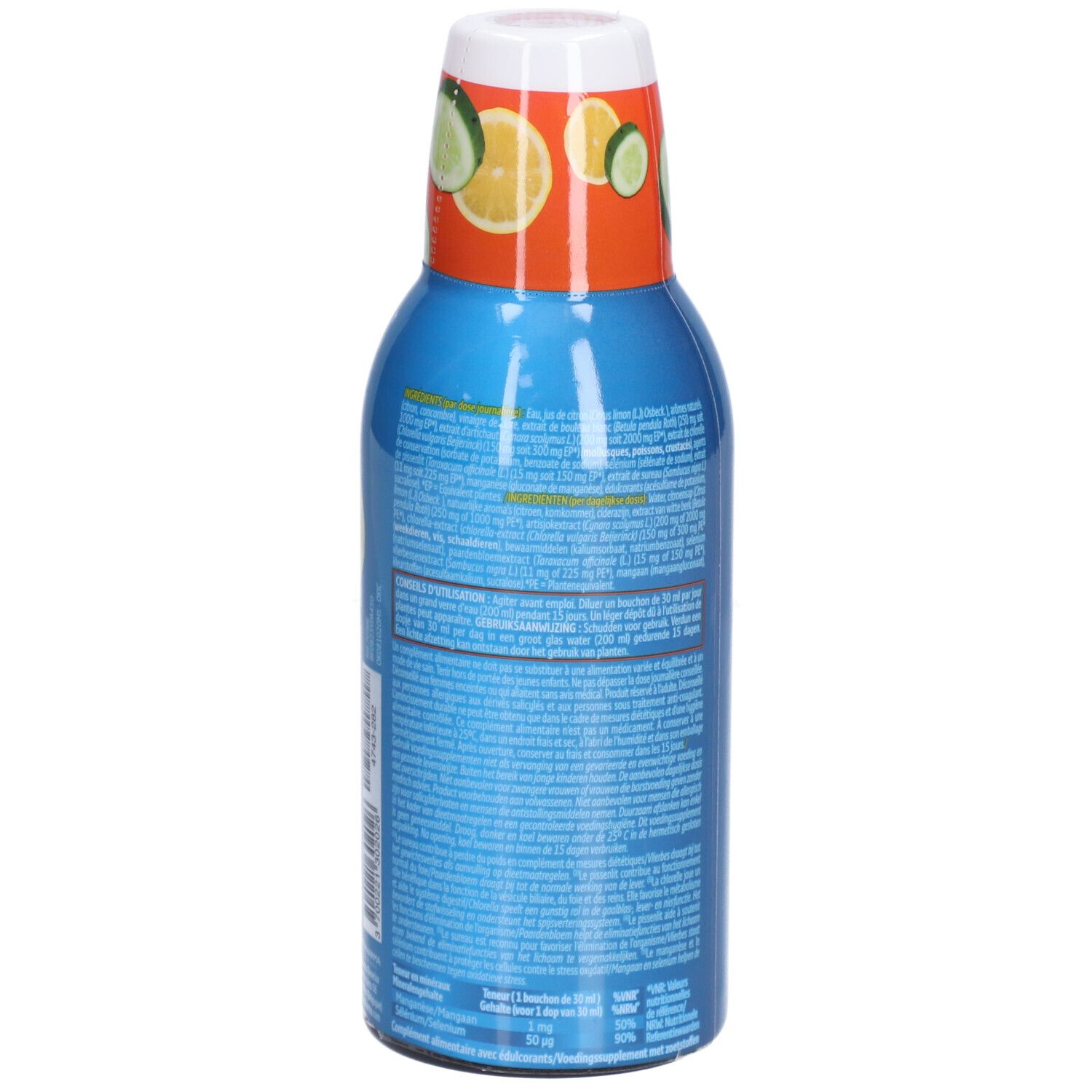 Bouteille bleue avec bouchon blanc. Dos avec texte. Illustrations de citrons et concombres. Informations produit.