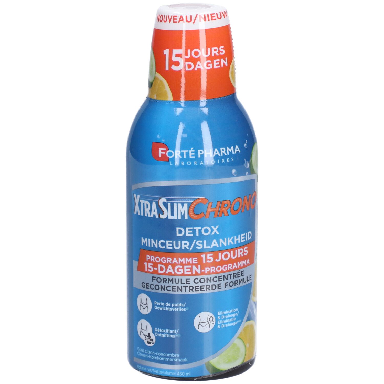 Bouteille bleue avec bouchon blanc. Inscription: XtraSlim Chrono, Detox, programme 15 jours. Illustrations de citrons et concombres.