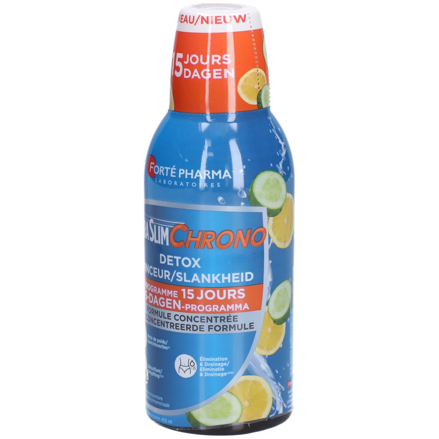 Bouteille bleue avec bouchon blanc. Inscription: XtraSlim Chrono, Detox, programme 15 jours. Illustrations de citrons et concombres.