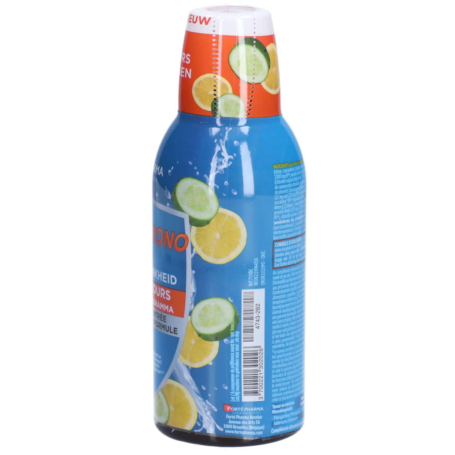Bouteille bleue avec bouchon blanc. Inscription: XtraSlim Chrono. Illustrations de citrons et concombres. Informations produit.