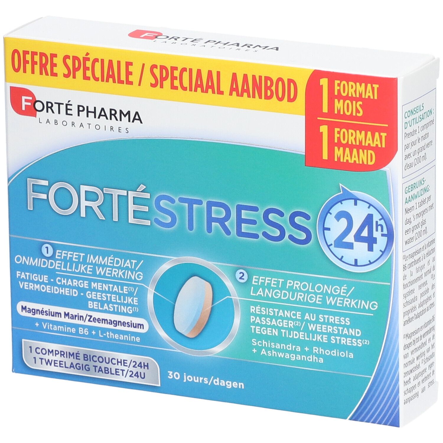 Boîte de Forté Pharma FortéStress 24h. Carton blanc avec nom et logo du produit. Contient 30 comprimés.