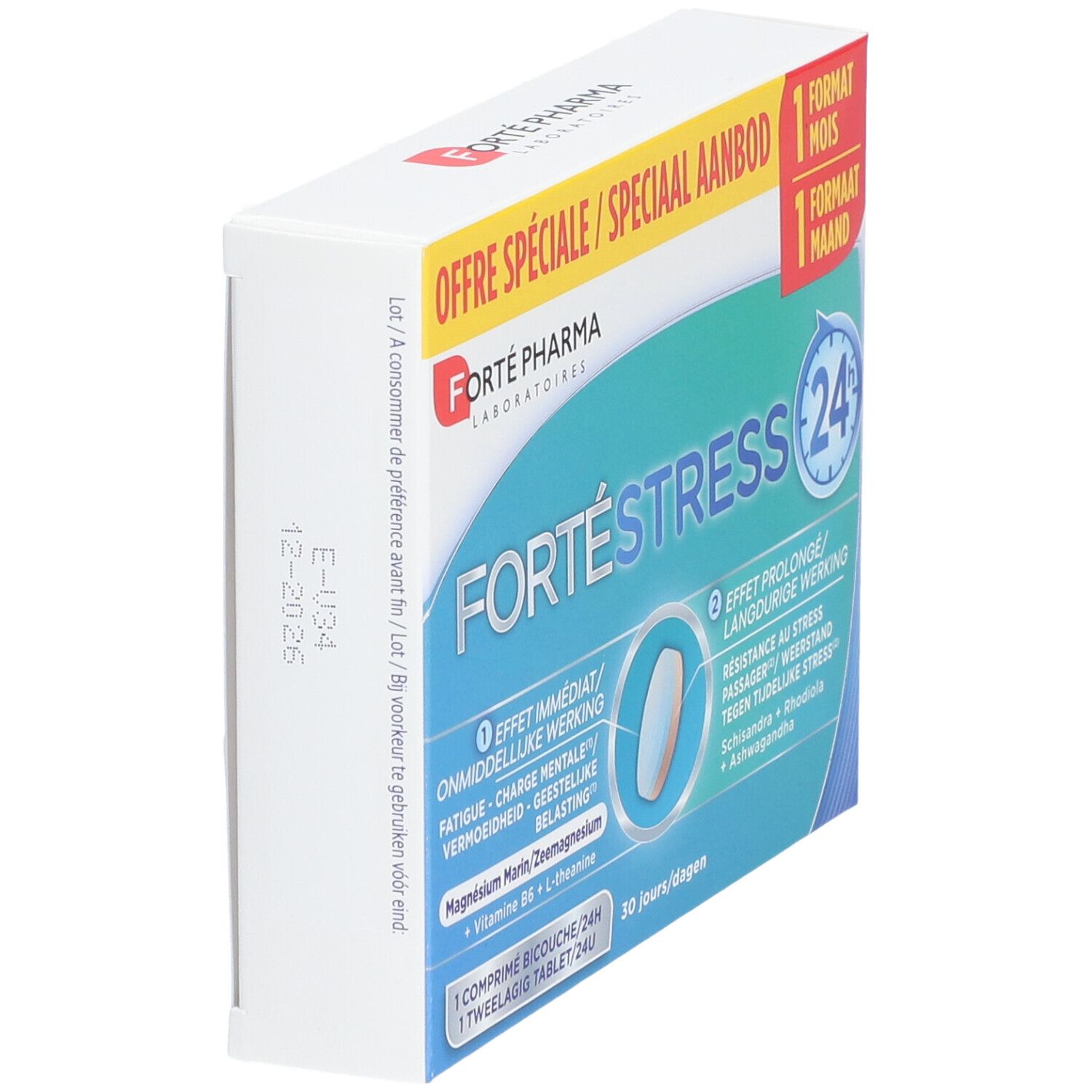 Vue latérale de la boîte Forté Pharma FortéStress 24h. Carton blanc avec nom et logo. Contient 30 comprimés.