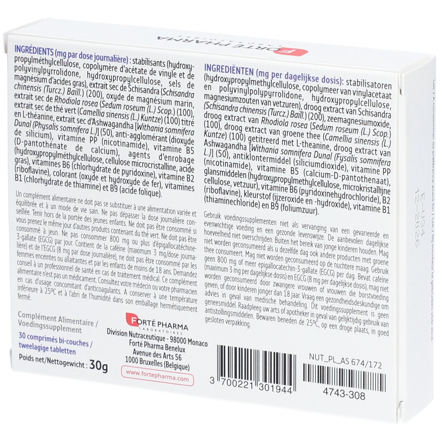 Dos de la boîte Forté Pharma FortéStress 24h. Contient ingrédients et informations fabricant. 30 comprimés.
