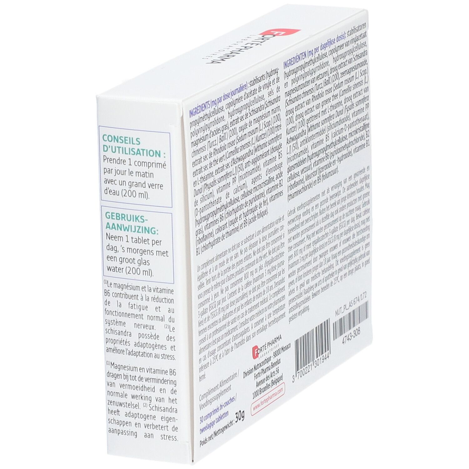Vue latérale de la boîte Forté Pharma FortéStress 24h. Contient instructions et ingrédients. 30 comprimés.