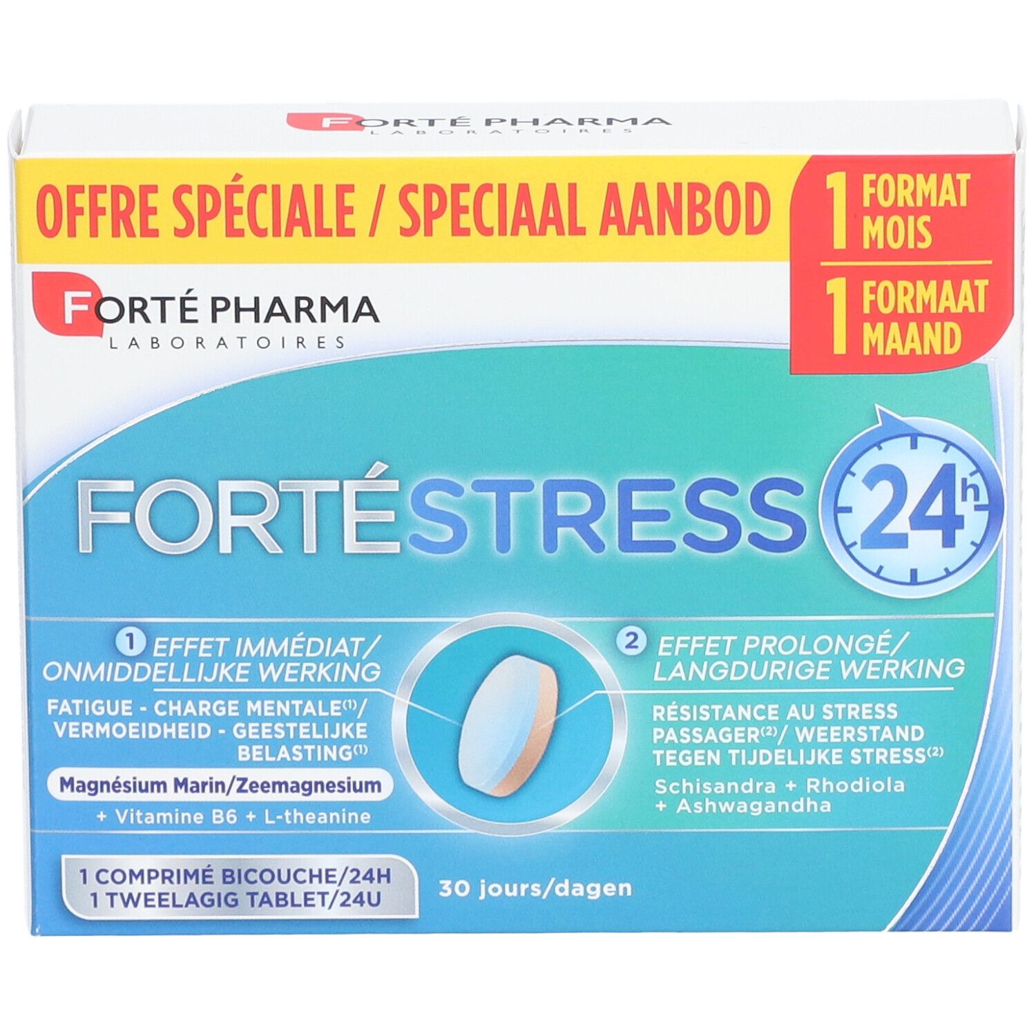 Vue de face de la boîte Forté Pharma FortéStress 24h. Carton blanc avec nom et logo. 30 comprimés.