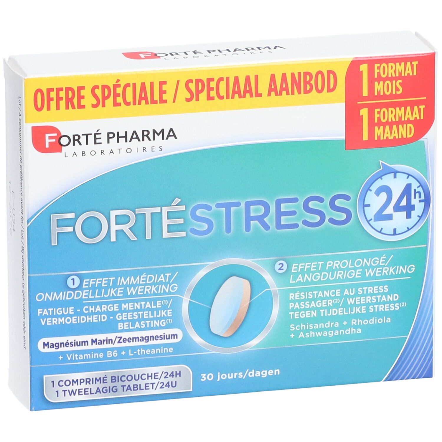 Vue de face de la boîte Forté Pharma FortéStress 24h. Carton blanc avec nom et logo. 30 comprimés.